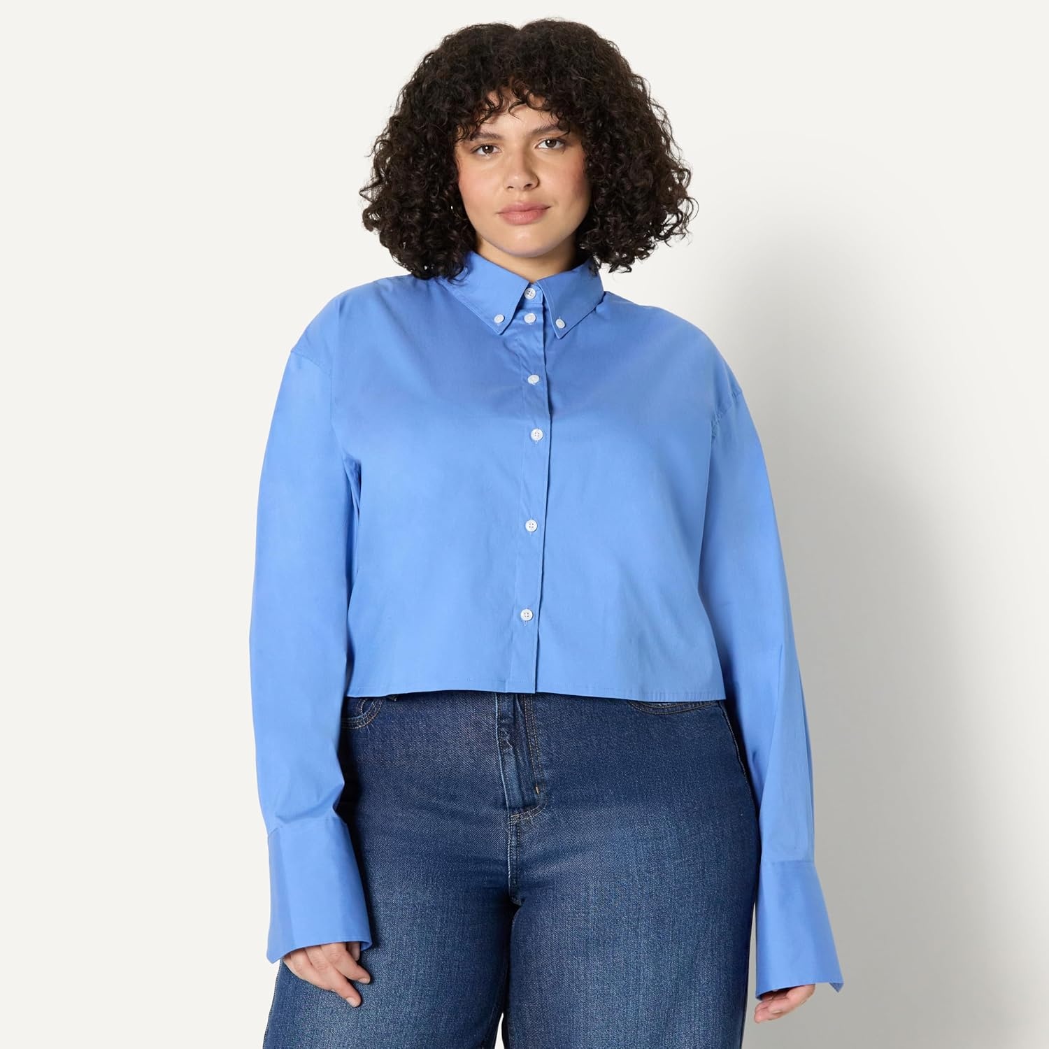 image:imageAmazon Essentials Womens OversizedFit Cropped Cotton Stretch Poplin ButtonDown ShirtBlue