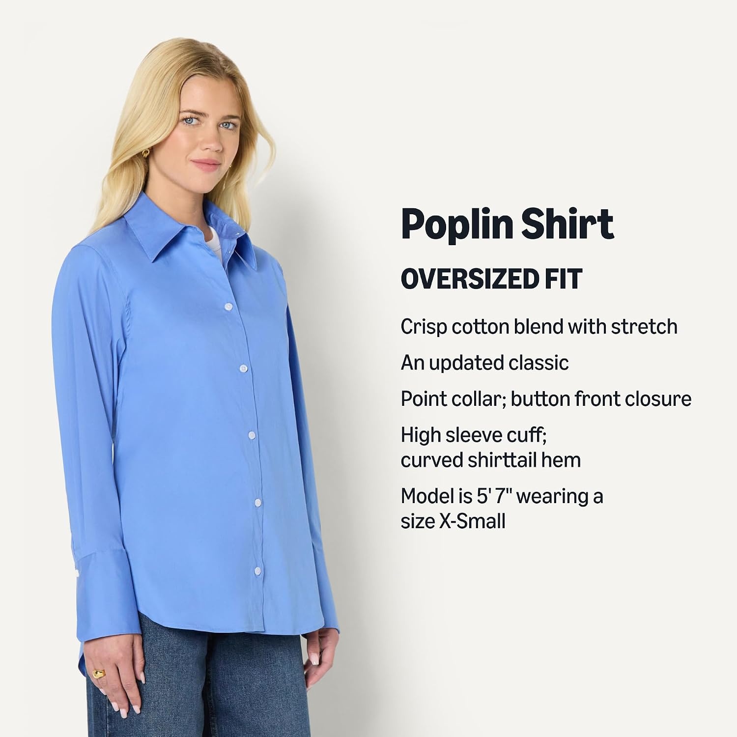 image:imageAmazon Essentials Womens OversizedFit Cropped Cotton Stretch Poplin ButtonDown ShirtBlue