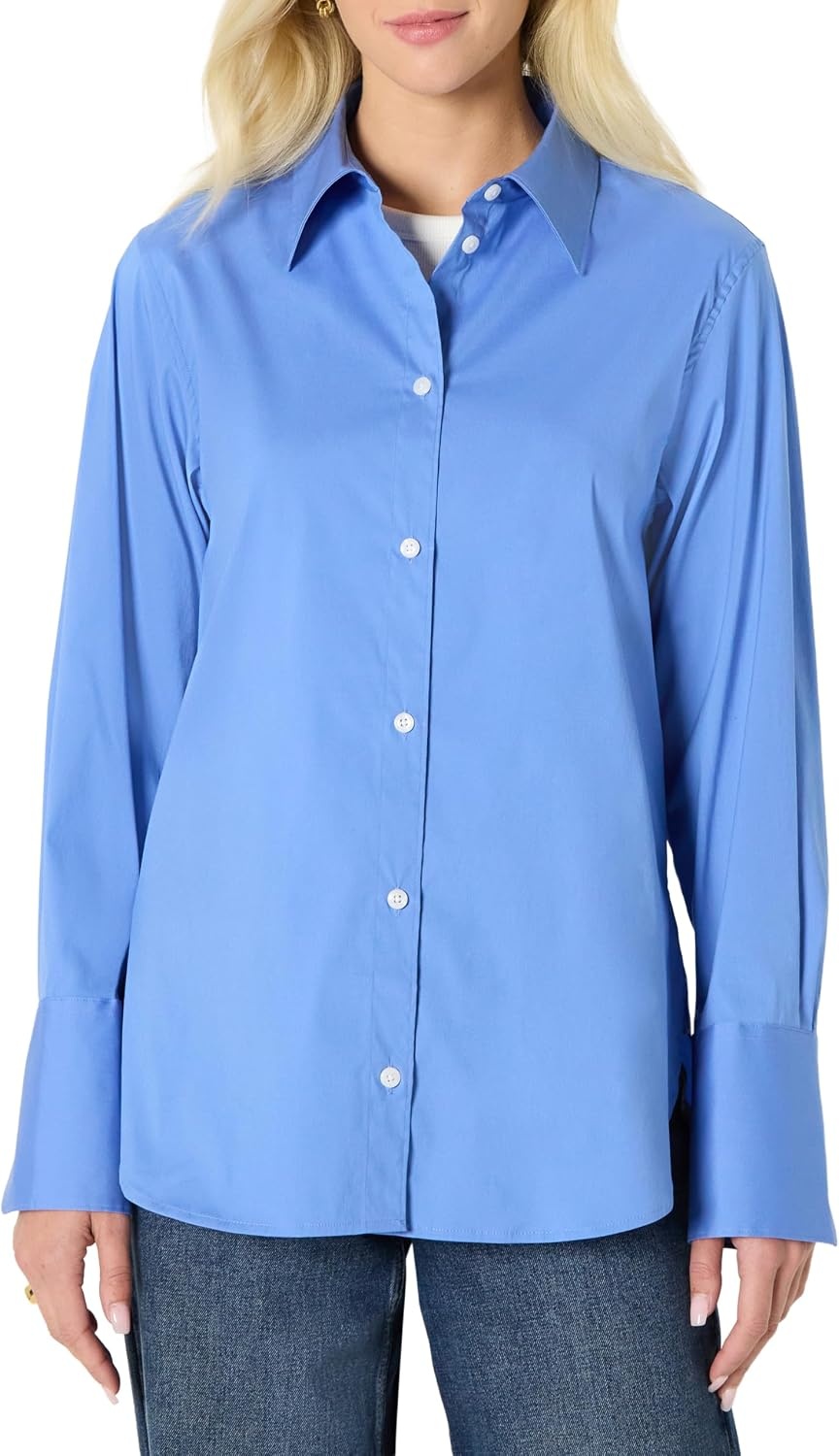 image:imageAmazon Essentials Womens OversizedFit Cropped Cotton Stretch Poplin ButtonDown ShirtBlue