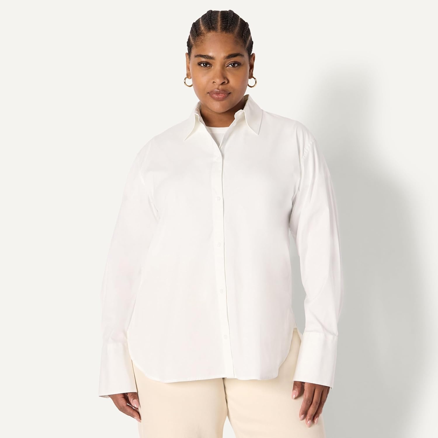 image:imageAmazon Essentials Womens OversizedFit Cropped Cotton Stretch Poplin ButtonDown ShirtBright White