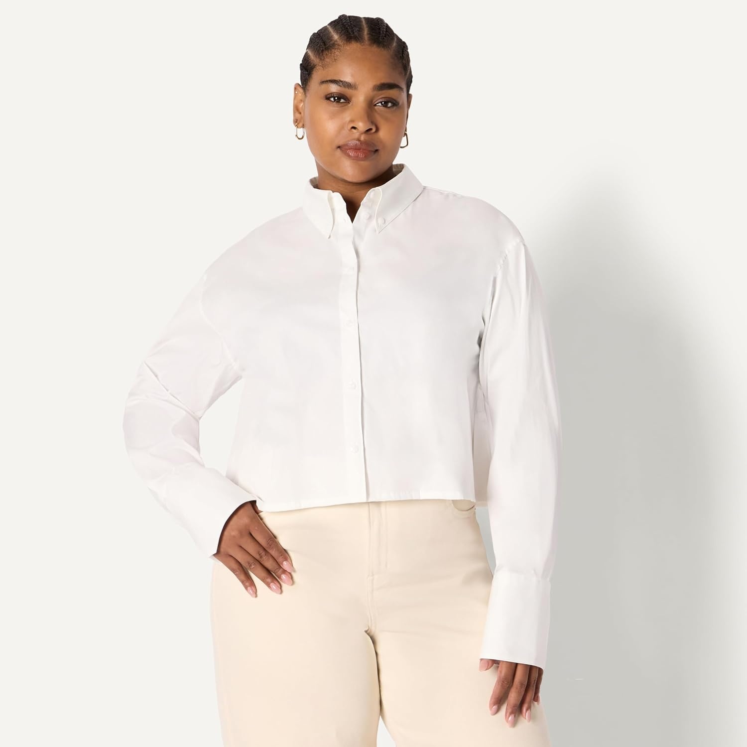 image:imageAmazon Essentials Womens OversizedFit Cropped Cotton Stretch Poplin ButtonDown ShirtBright White