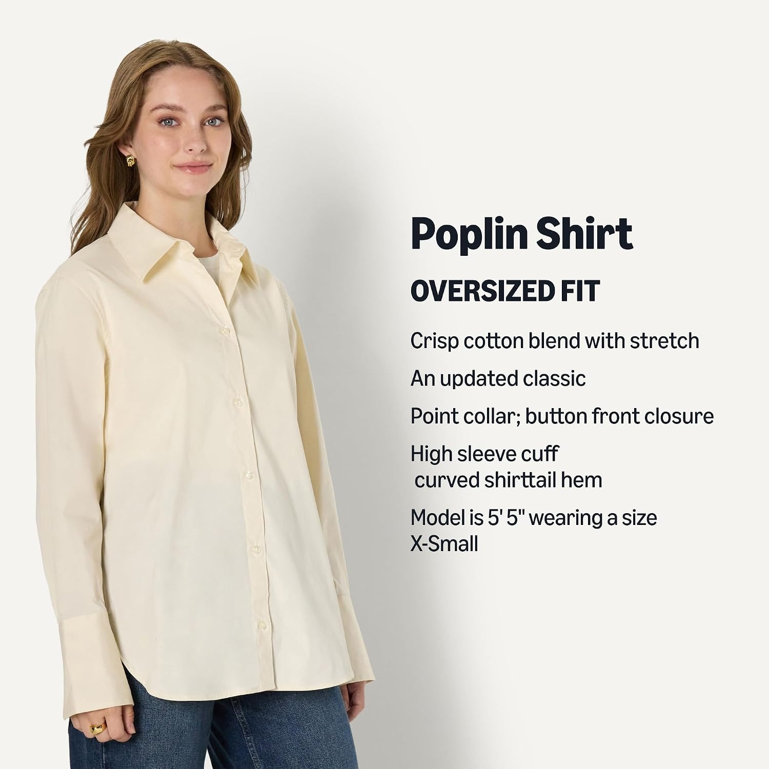 image:imageAmazon Essentials Womens OversizedFit Cropped Cotton Stretch Poplin ButtonDown ShirtCream
