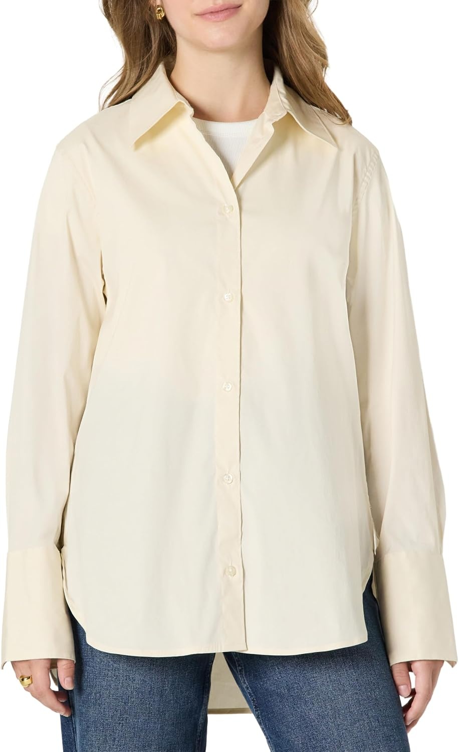 image:imageAmazon Essentials Womens OversizedFit Cropped Cotton Stretch Poplin ButtonDown ShirtCream