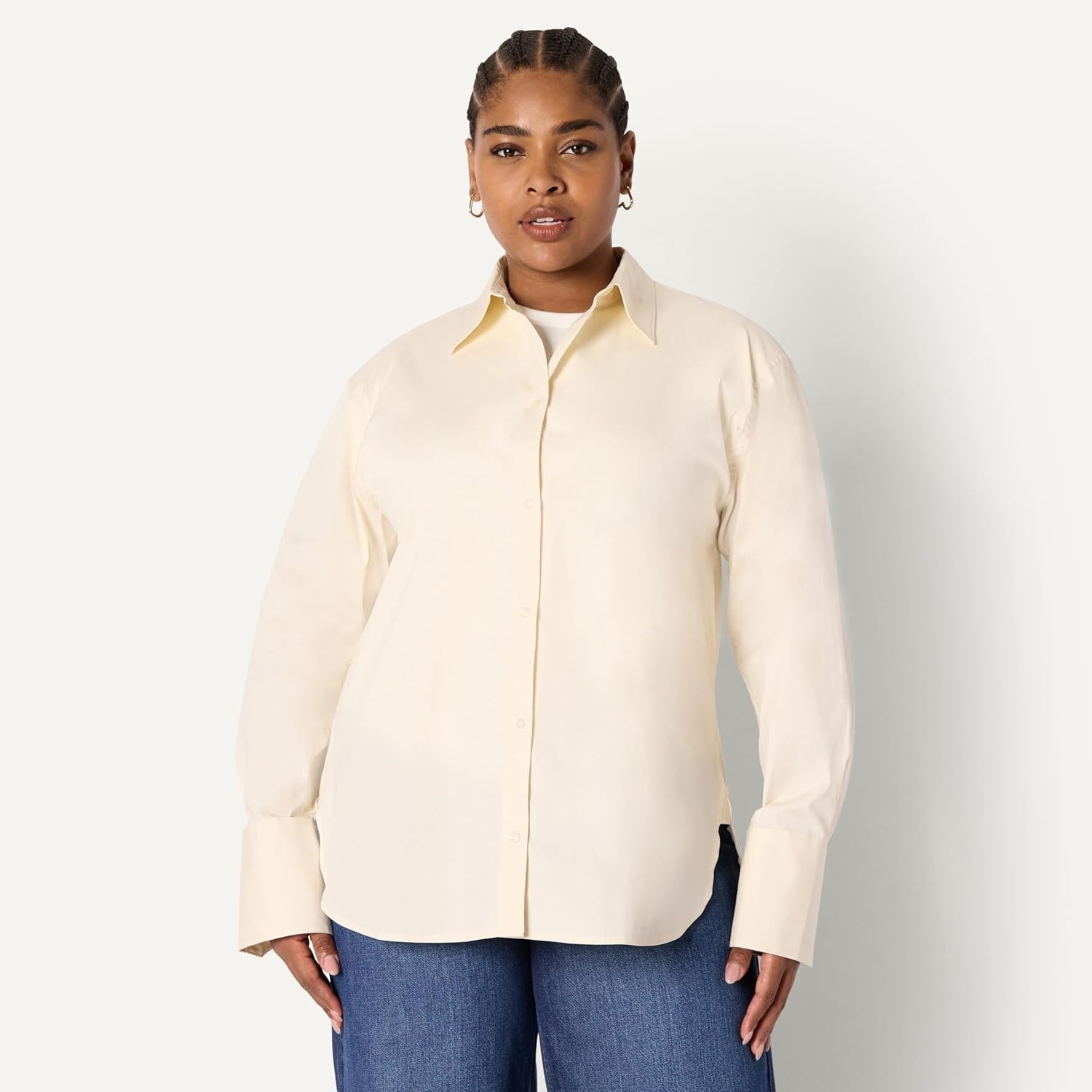 image:imageAmazon Essentials Womens OversizedFit Cropped Cotton Stretch Poplin ButtonDown ShirtCream