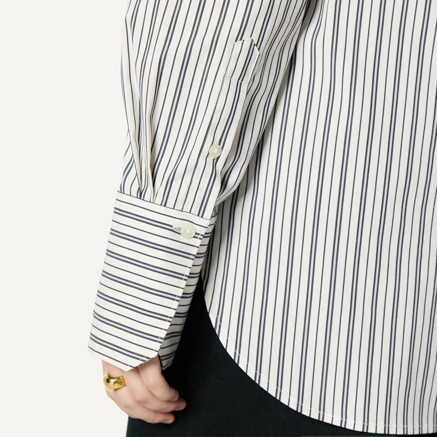 image:imageAmazon Essentials Womens OversizedFit Cropped Cotton Stretch Poplin ButtonDown ShirtIvory Black Stripe