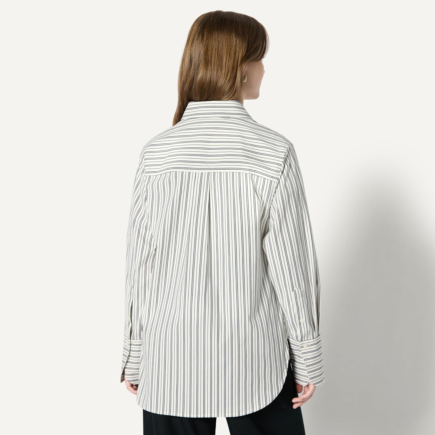 image:imageAmazon Essentials Womens OversizedFit Cropped Cotton Stretch Poplin ButtonDown ShirtIvory Black Stripe