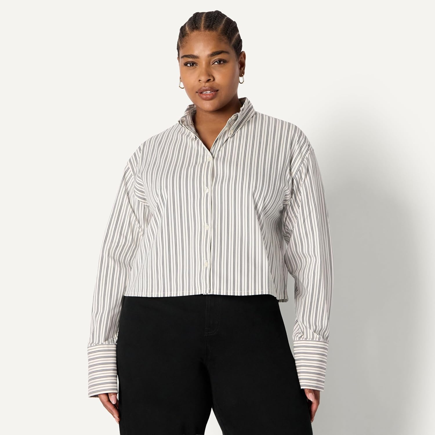 image:imageAmazon Essentials Womens OversizedFit Cropped Cotton Stretch Poplin ButtonDown ShirtIvory Black Stripe