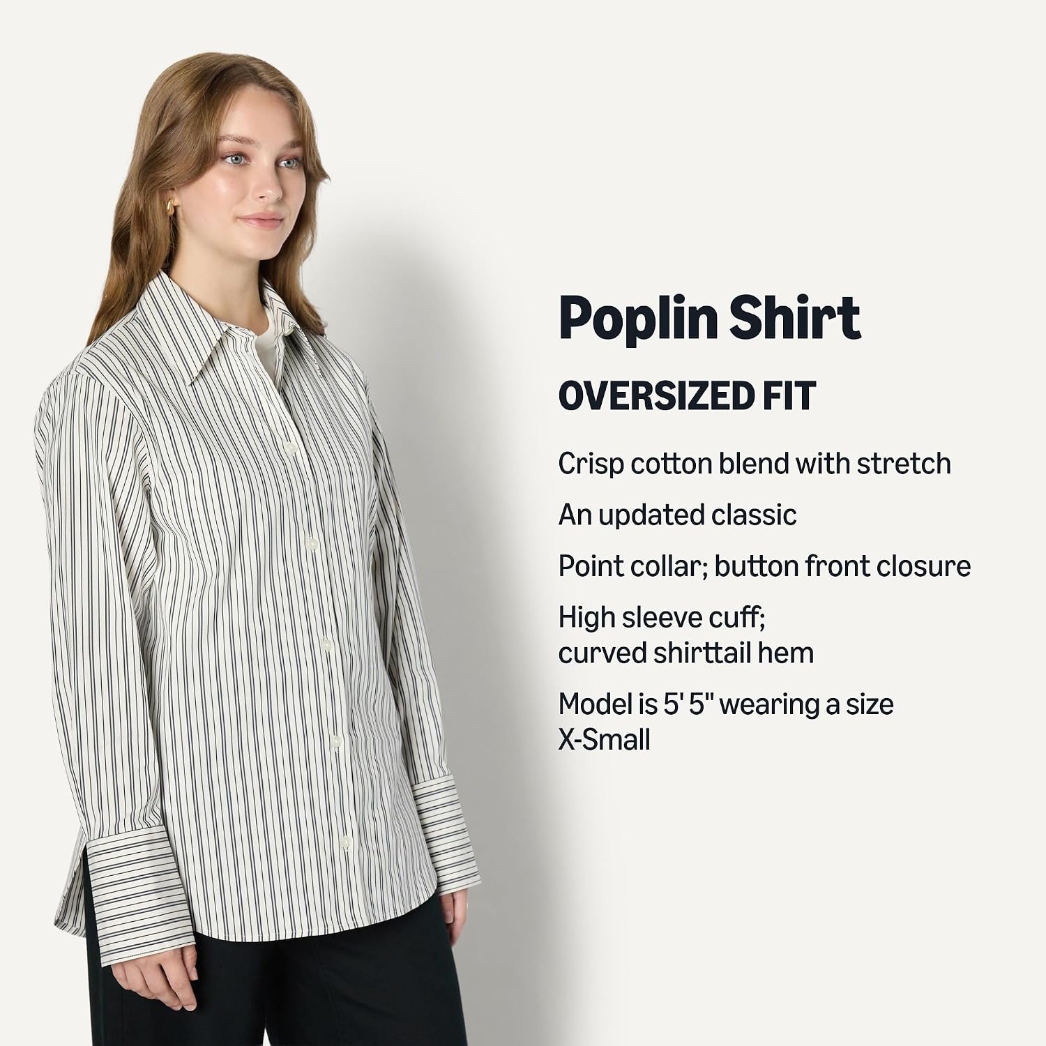 image:imageAmazon Essentials Womens OversizedFit Cropped Cotton Stretch Poplin ButtonDown ShirtIvory Black Stripe