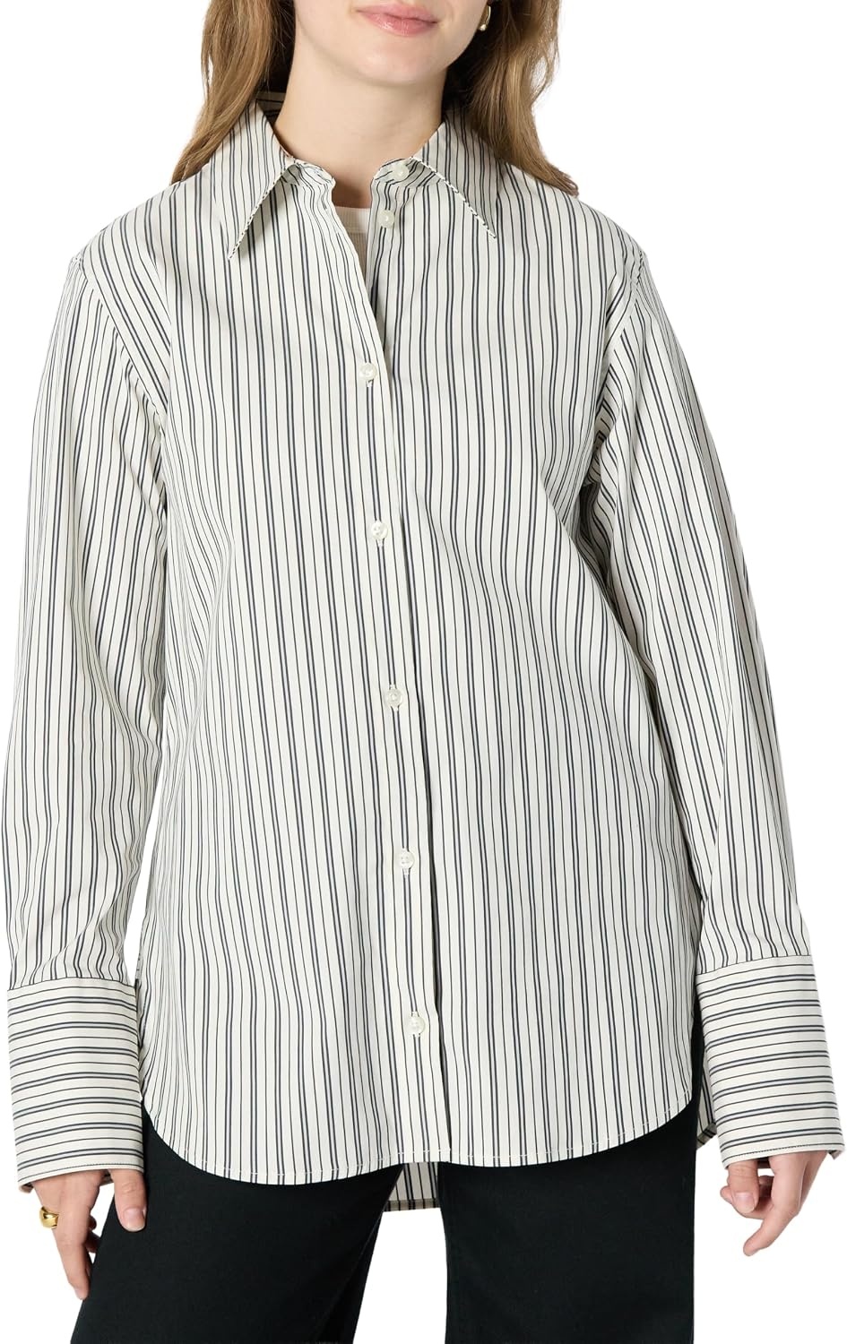 image:imageAmazon Essentials Womens OversizedFit Cropped Cotton Stretch Poplin ButtonDown ShirtIvory Black Stripe