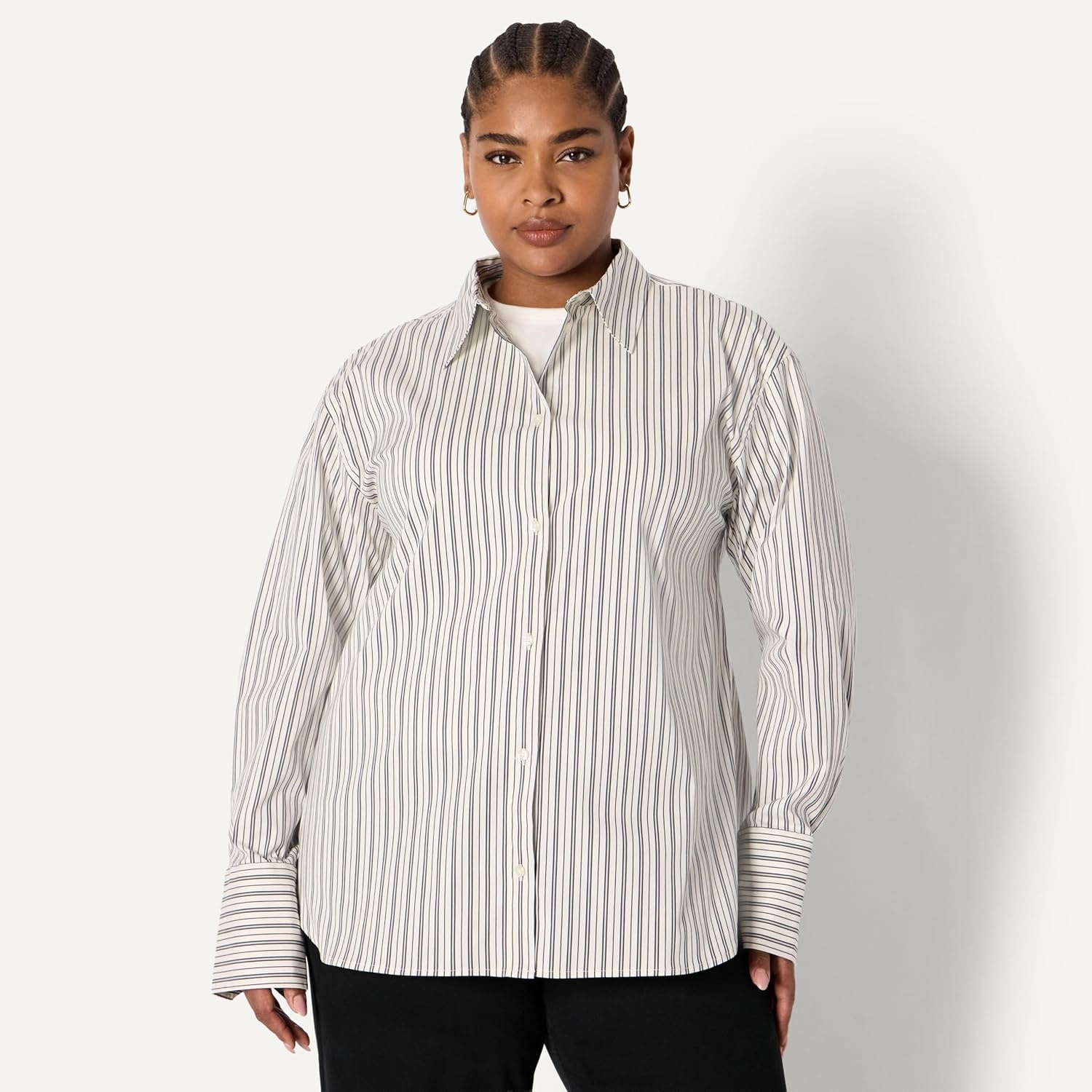 image:imageAmazon Essentials Womens OversizedFit Cropped Cotton Stretch Poplin ButtonDown ShirtIvory Black Stripe