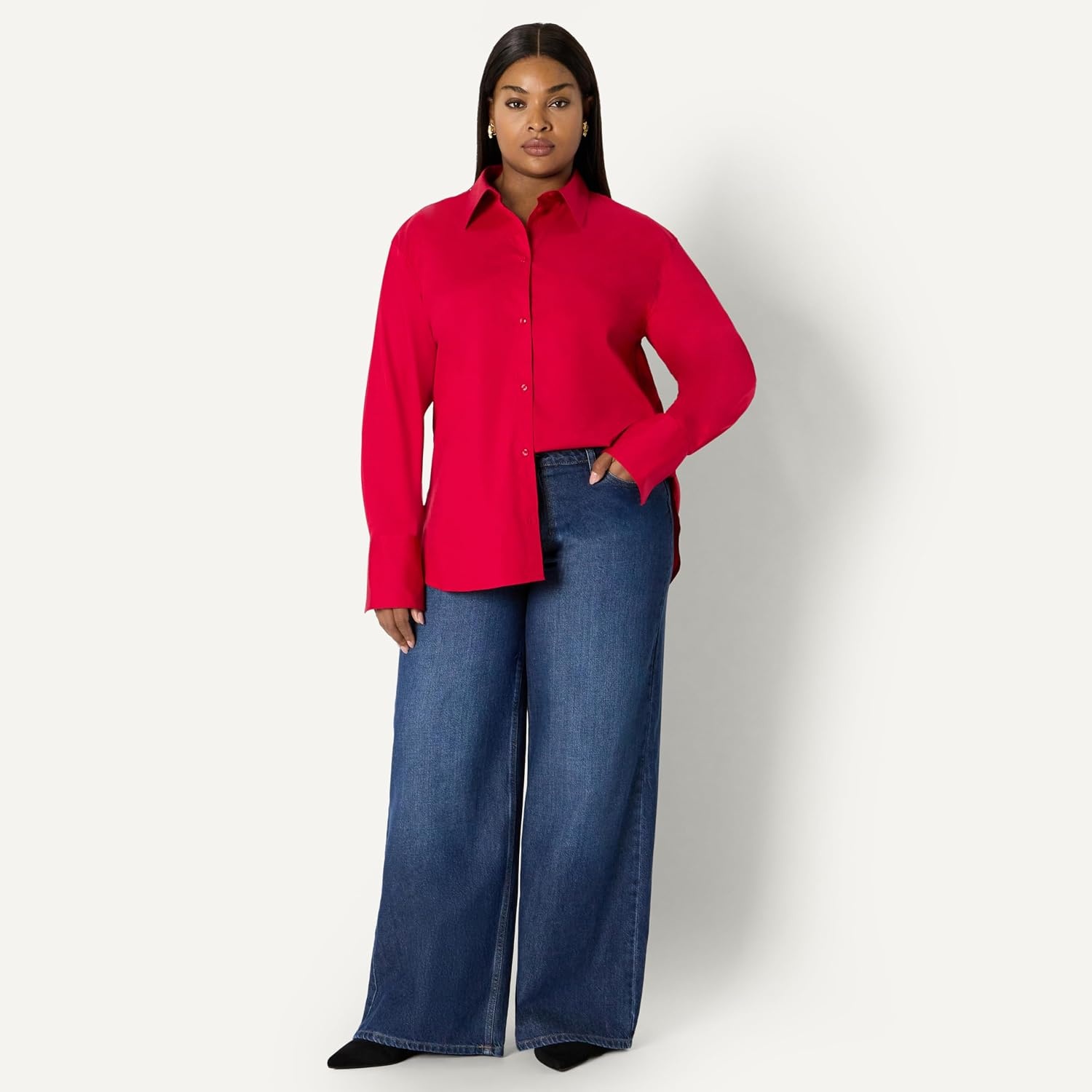 image:imageAmazon Essentials Womens OversizedFit Cropped Cotton Stretch Poplin ButtonDown ShirtRed