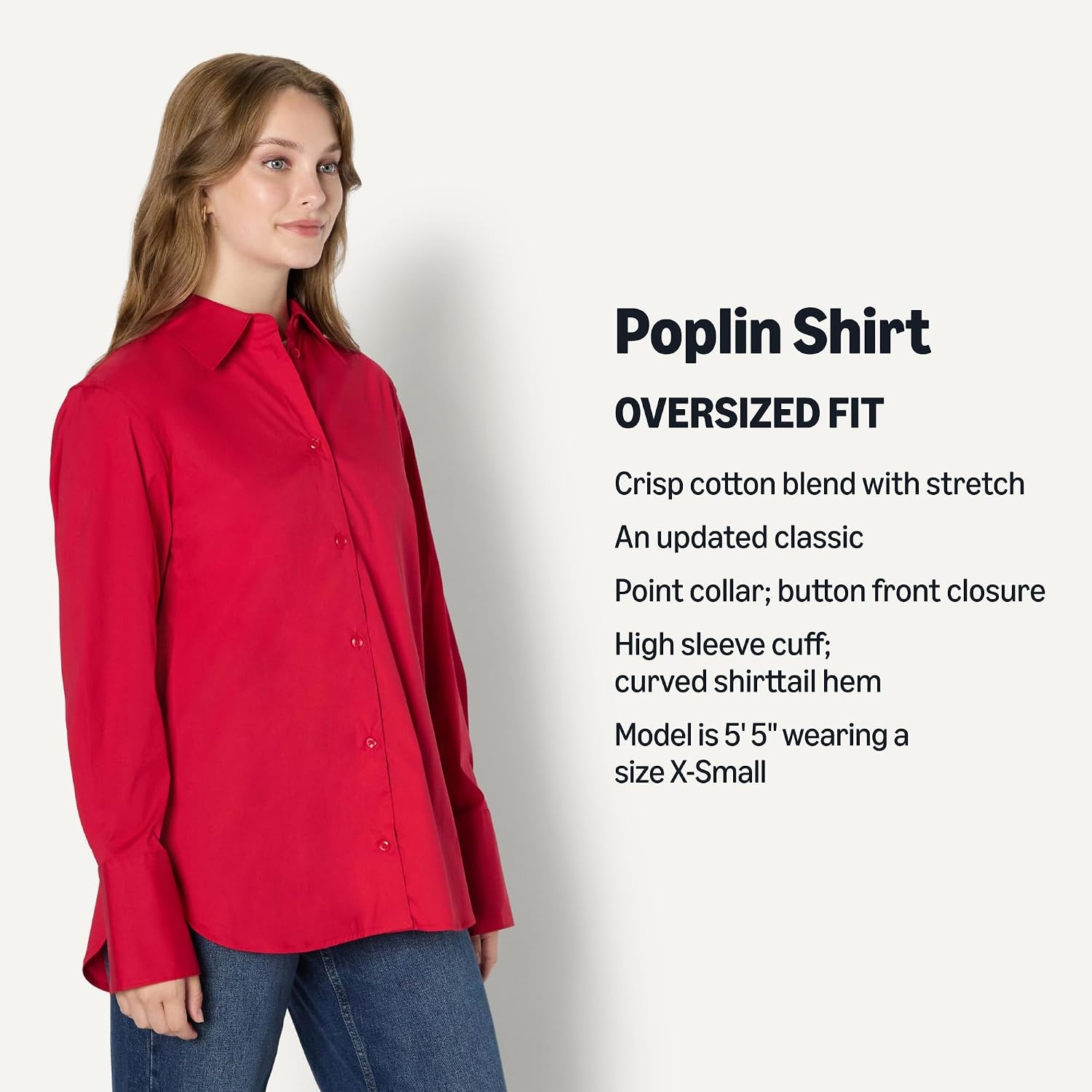 image:imageAmazon Essentials Womens OversizedFit Cropped Cotton Stretch Poplin ButtonDown ShirtRed