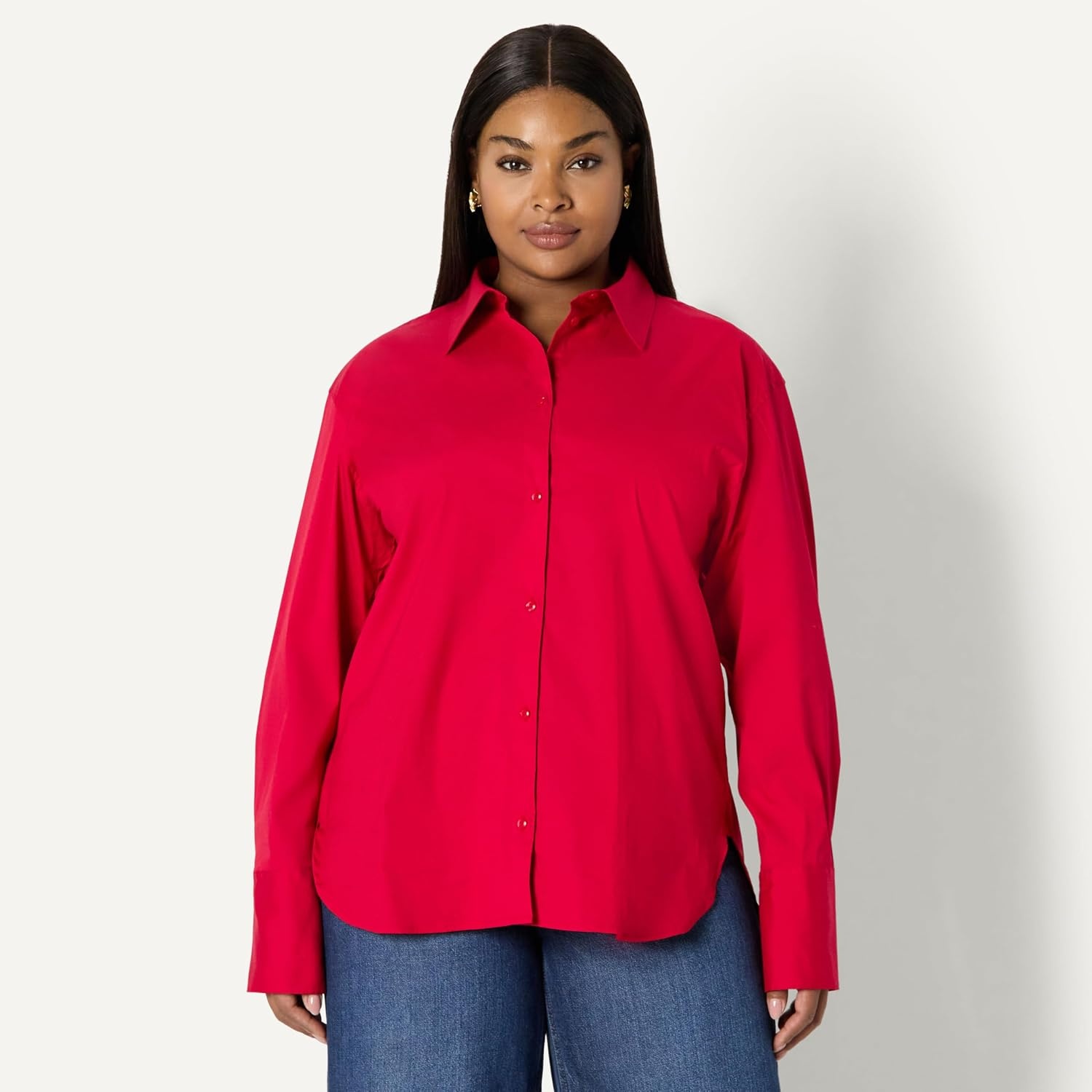 image:imageAmazon Essentials Womens OversizedFit Cropped Cotton Stretch Poplin ButtonDown ShirtRed