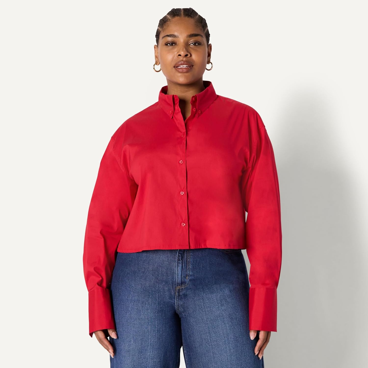 image:imageAmazon Essentials Womens OversizedFit Cropped Cotton Stretch Poplin ButtonDown ShirtRed