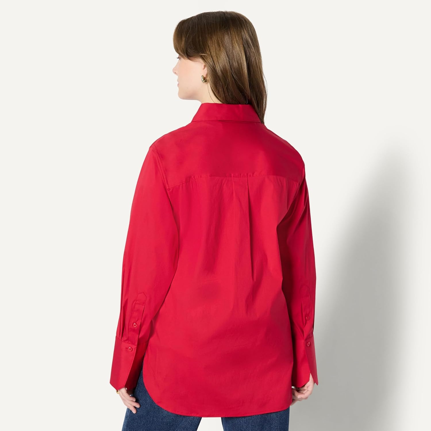 image:imageAmazon Essentials Womens OversizedFit Cropped Cotton Stretch Poplin ButtonDown ShirtRed