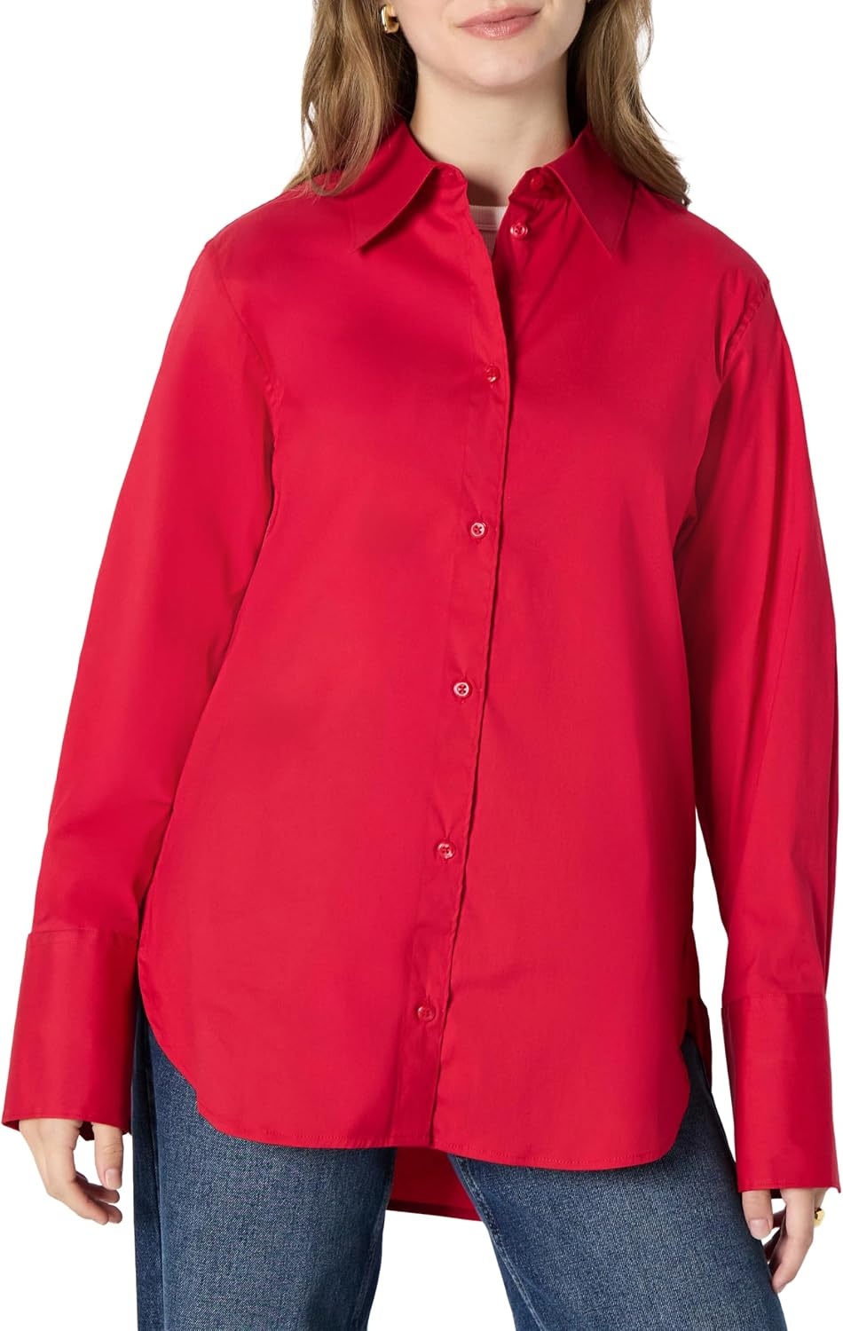 image:imageAmazon Essentials Womens OversizedFit Cropped Cotton Stretch Poplin ButtonDown ShirtRed