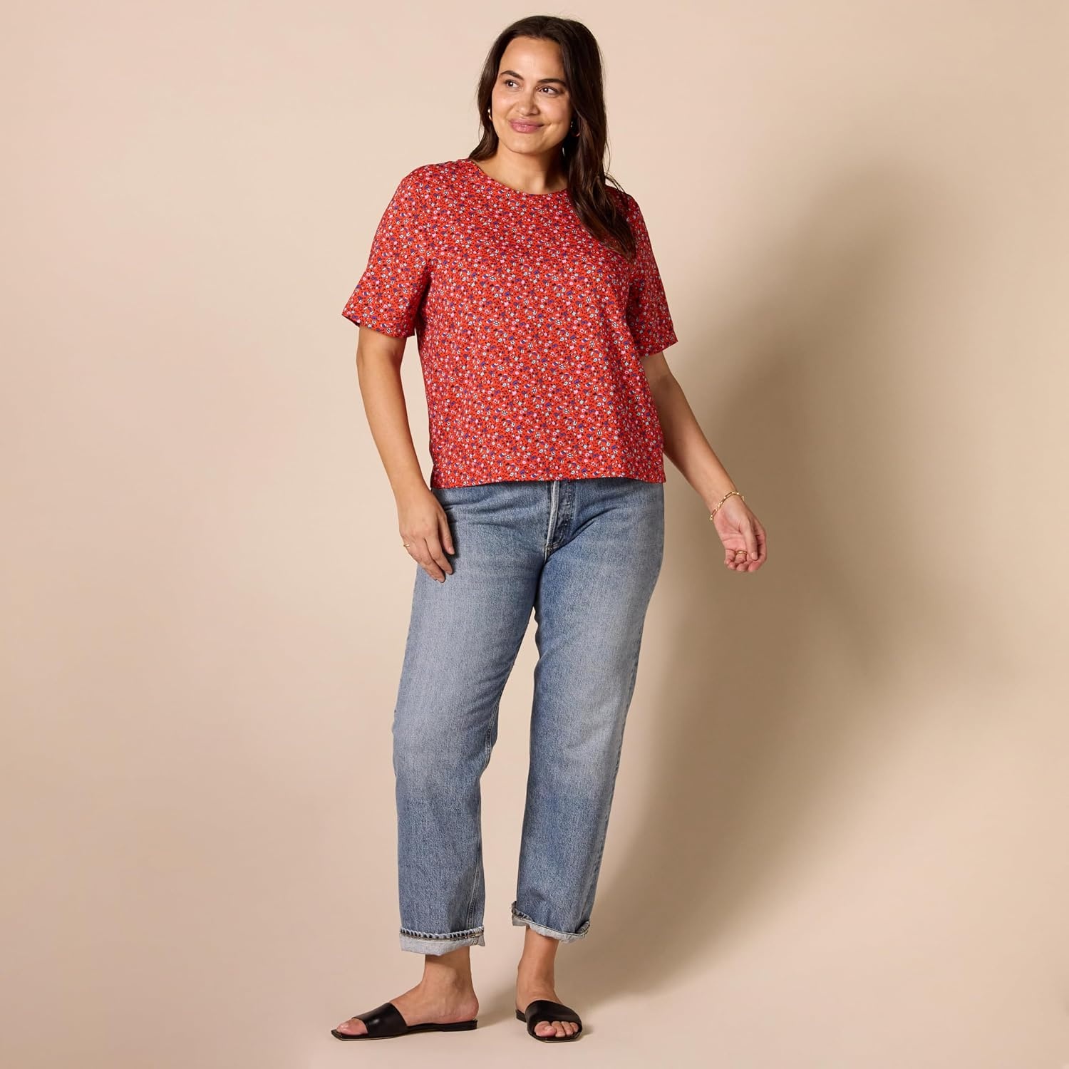image:imageAmazon Essentials Womens RegularFit Georgette Short Sleeve TopTomato Red Ditsy Floral