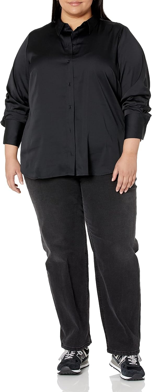 image:imageAmazon Essentials Womens RegularFit Long Sleeve Satin Button Down Blouse Dressy Collared ShirtBlack