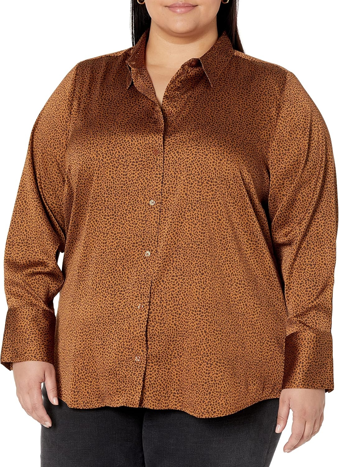 image:imageAmazon Essentials Womens RegularFit Long Sleeve Satin Button Down Blouse Dressy Collared ShirtDark Chestnut Brown Leopard
