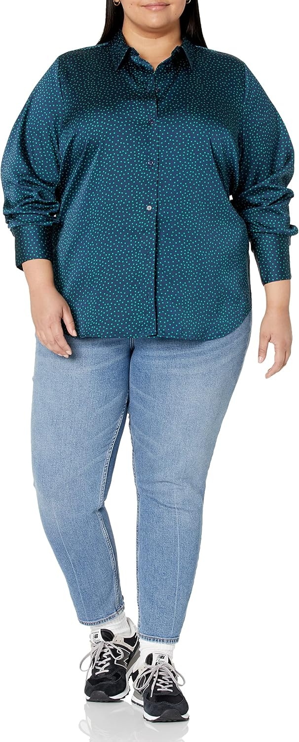 image:imageAmazon Essentials Womens RegularFit Long Sleeve Satin Button Down Blouse Dressy Collared ShirtDark Navy Diamond