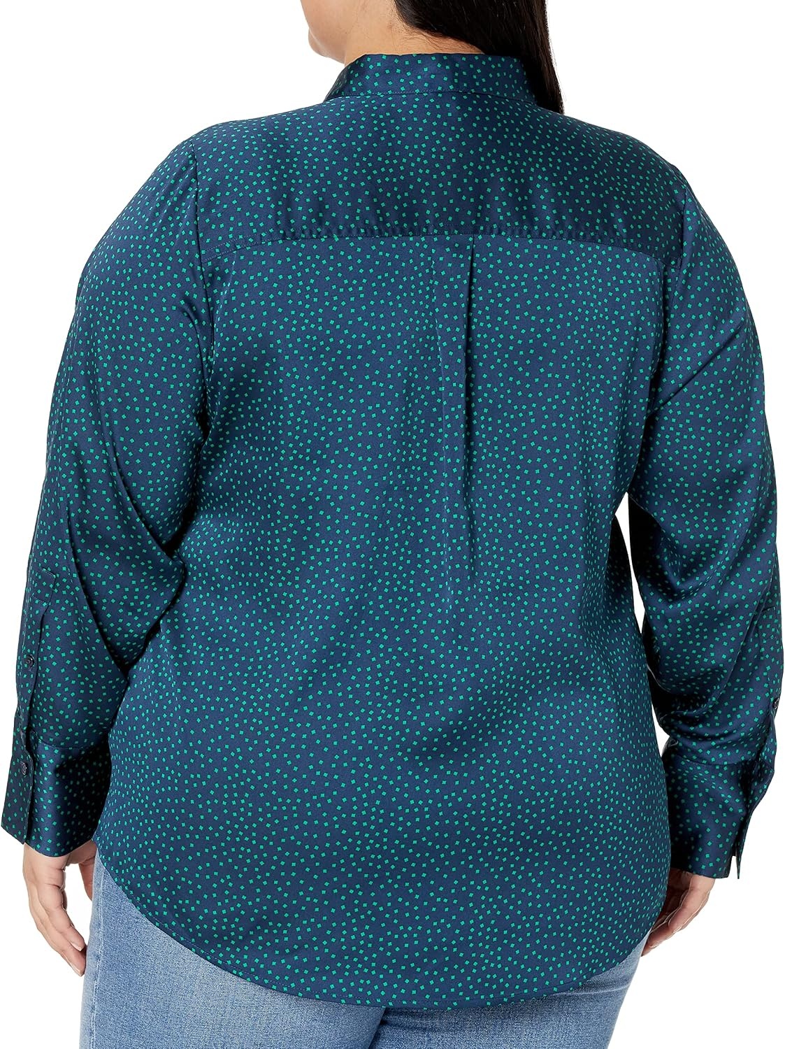 image:imageAmazon Essentials Womens RegularFit Long Sleeve Satin Button Down Blouse Dressy Collared ShirtDark Navy Diamond