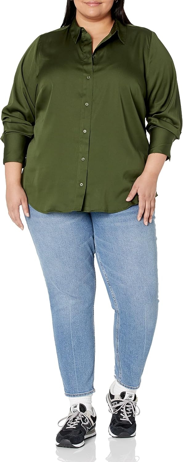 image:imageAmazon Essentials Womens RegularFit Long Sleeve Satin Button Down Blouse Dressy Collared ShirtDark Olive