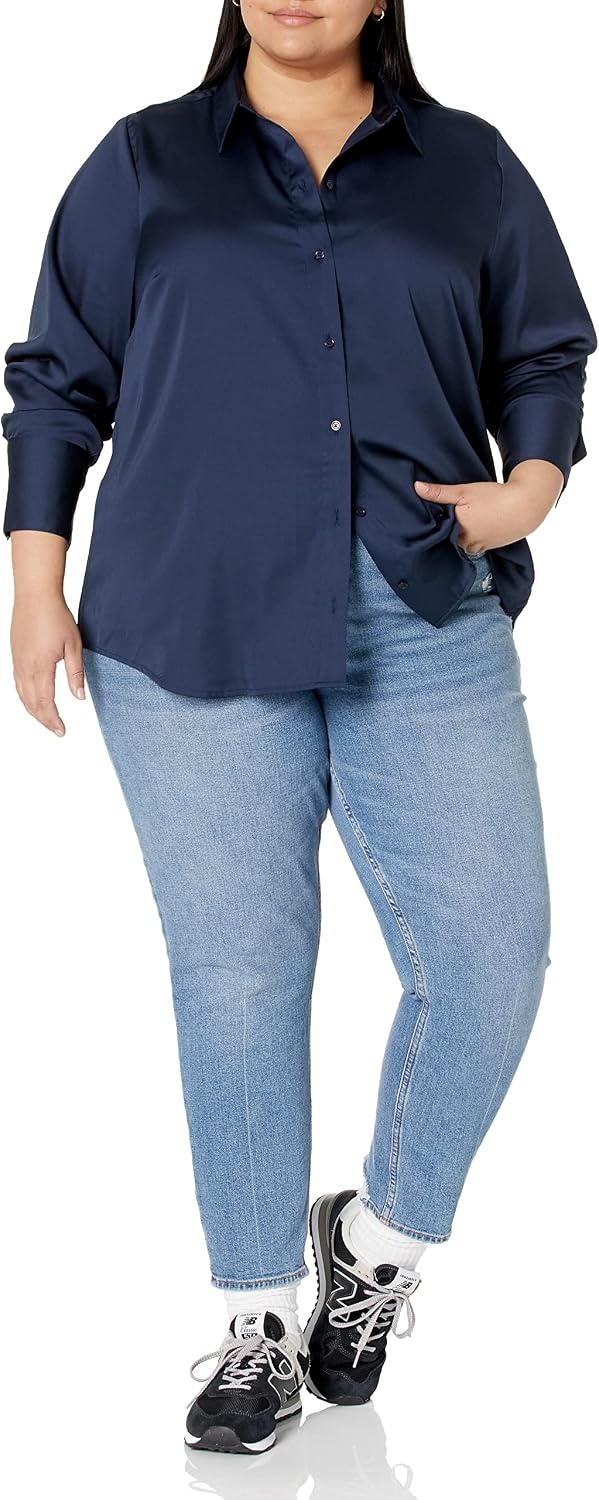 image:imageAmazon Essentials Womens RegularFit Long Sleeve Satin Button Down Blouse Dressy Collared ShirtNavy