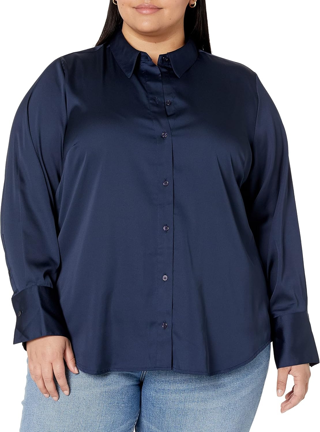 image:imageAmazon Essentials Womens RegularFit Long Sleeve Satin Button Down Blouse Dressy Collared ShirtNavy