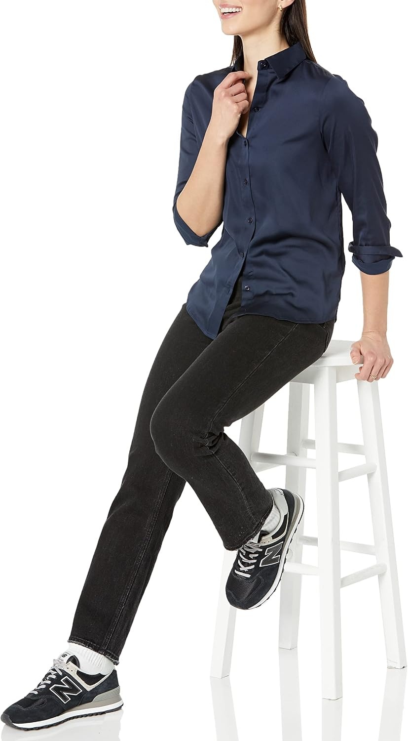 image:imageAmazon Essentials Womens RegularFit Long Sleeve Satin Button Down Blouse Dressy Collared ShirtNavy