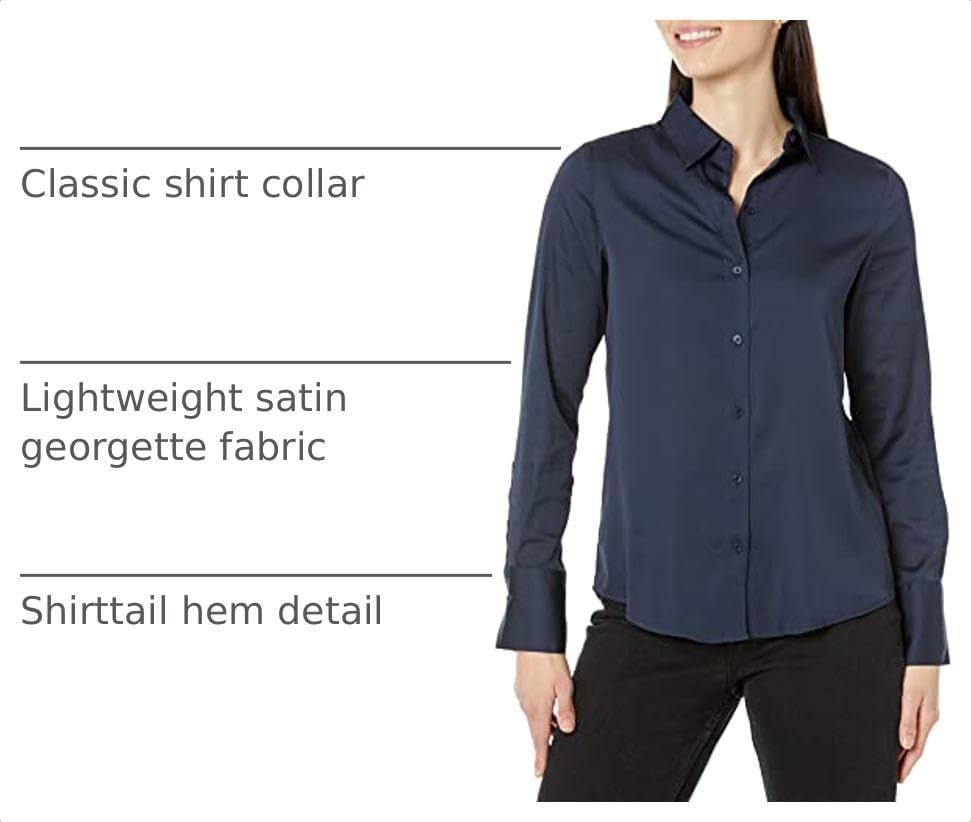 image:imageAmazon Essentials Womens RegularFit Long Sleeve Satin Button Down Blouse Dressy Collared ShirtNavy