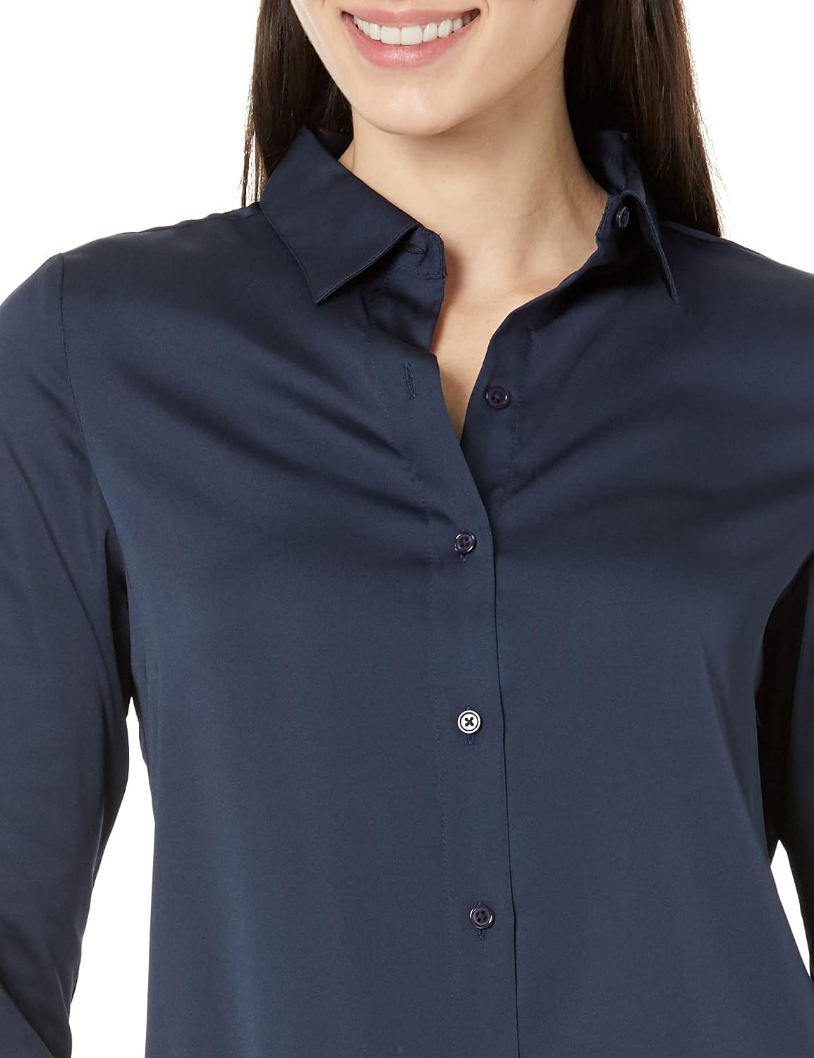 image:imageAmazon Essentials Womens RegularFit Long Sleeve Satin Button Down Blouse Dressy Collared ShirtNavy