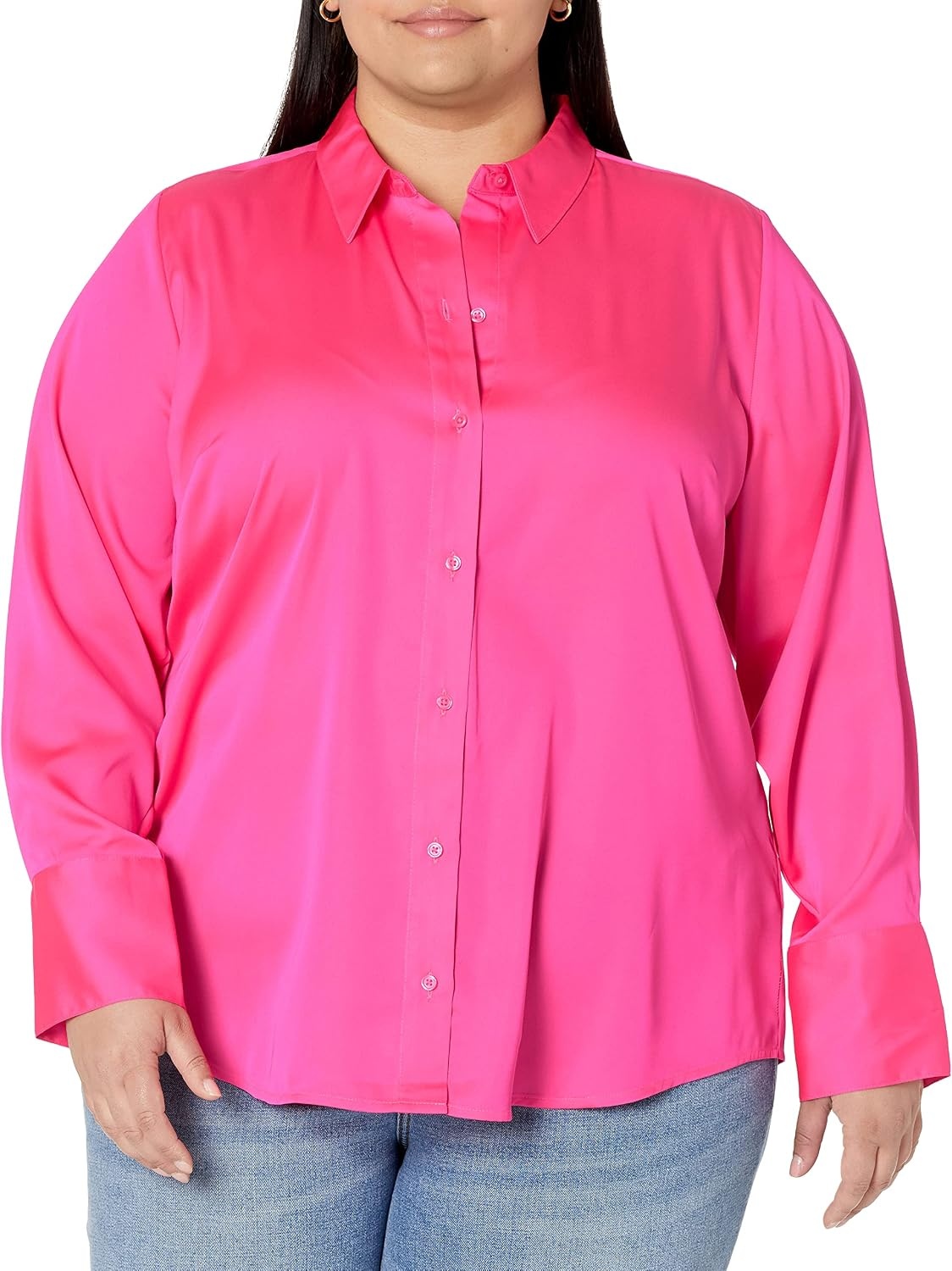 image:imageAmazon Essentials Womens RegularFit Long Sleeve Satin Button Down Blouse Dressy Collared ShirtNeon Pink