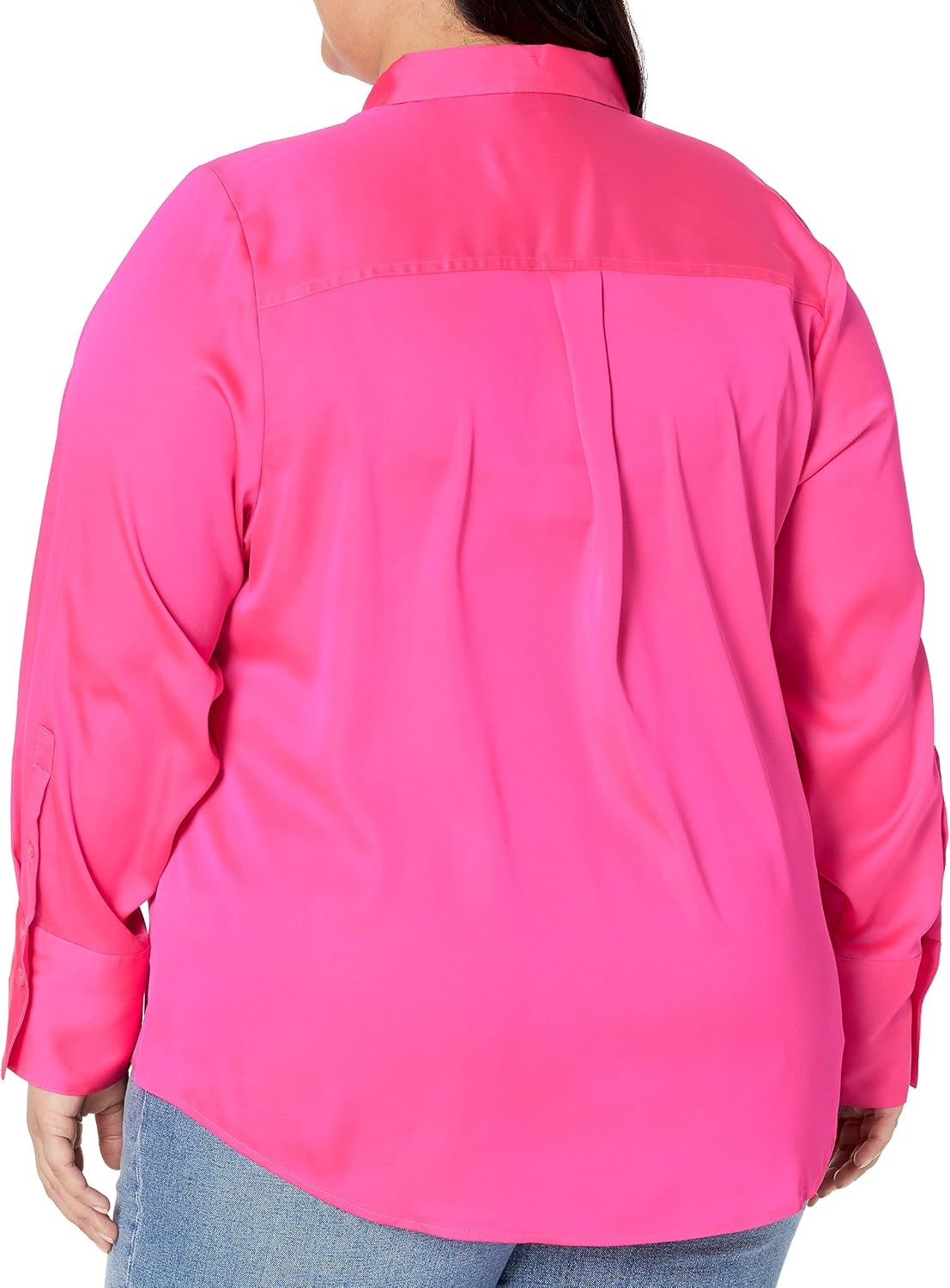 image:imageAmazon Essentials Womens RegularFit Long Sleeve Satin Button Down Blouse Dressy Collared ShirtNeon Pink