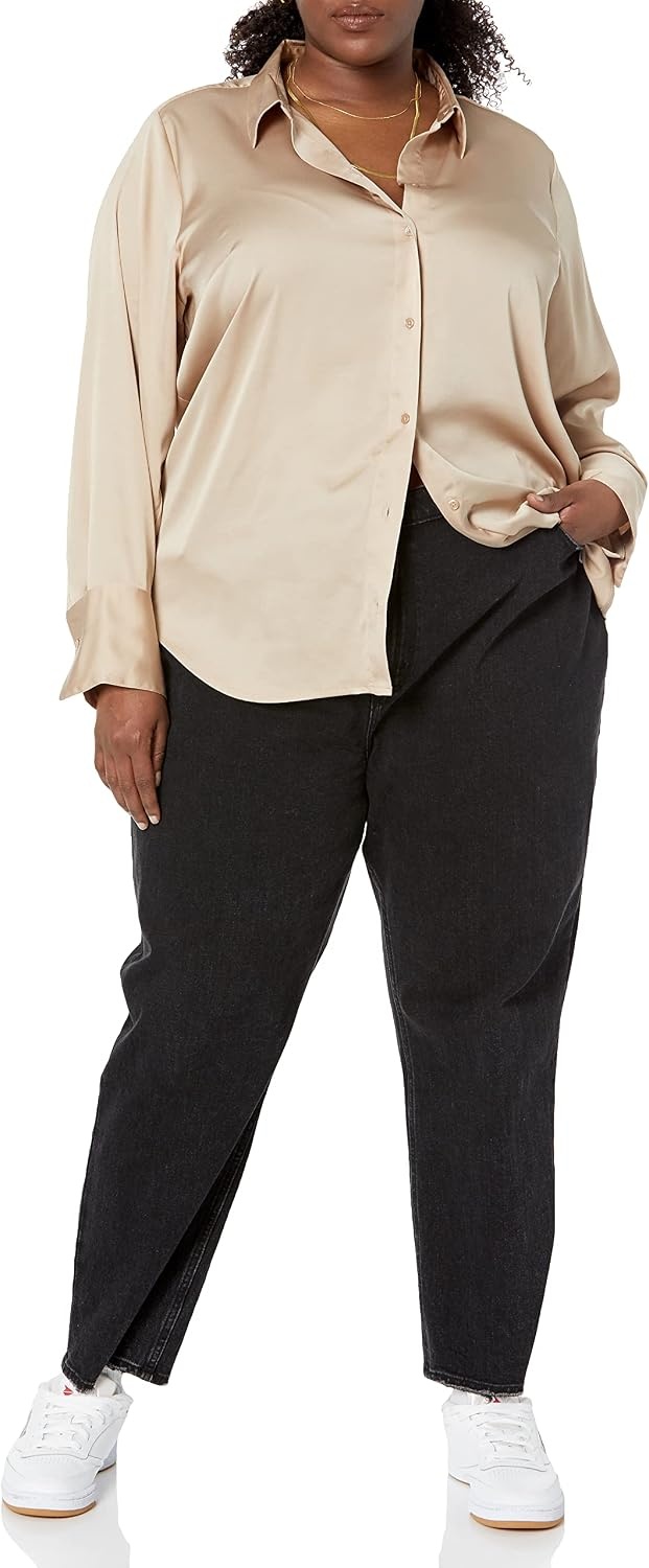 image:imageAmazon Essentials Womens RegularFit Long Sleeve Satin Button Down Blouse Dressy Collared ShirtTan