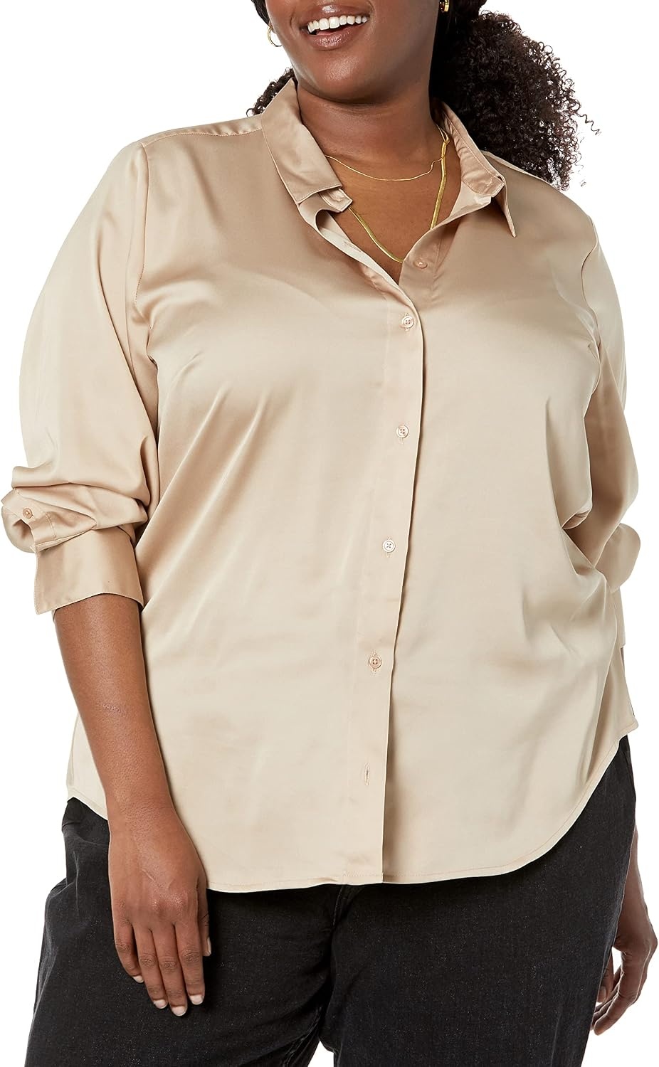 image:imageAmazon Essentials Womens RegularFit Long Sleeve Satin Button Down Blouse Dressy Collared ShirtTan