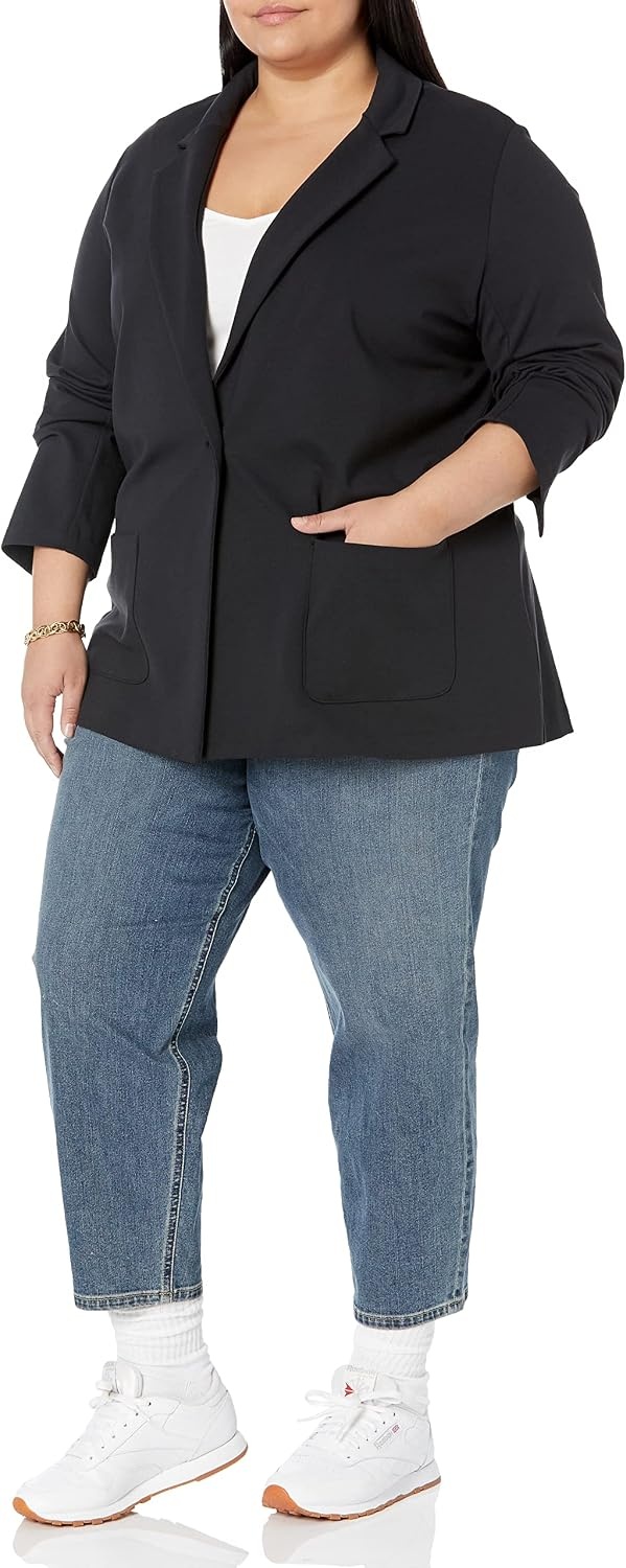 image:imageAmazon Essentials Womens RelaxedFit Soft Ponte BlazerBlack