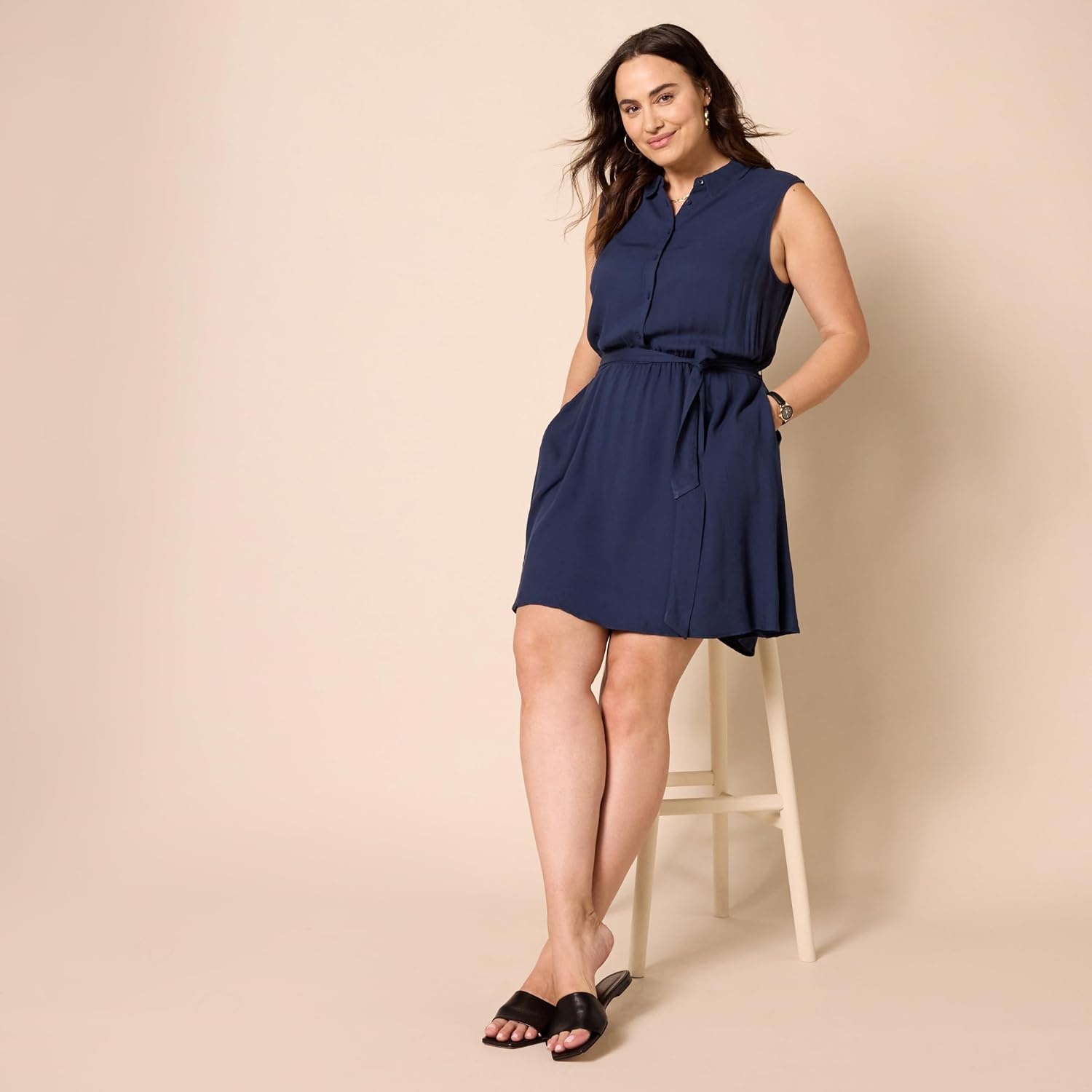 image:imageAmazon Essentials Womens Sleeveless Summer Shirtdress RelaxedFit Woven Lightweight Dress Knee LengthNavy