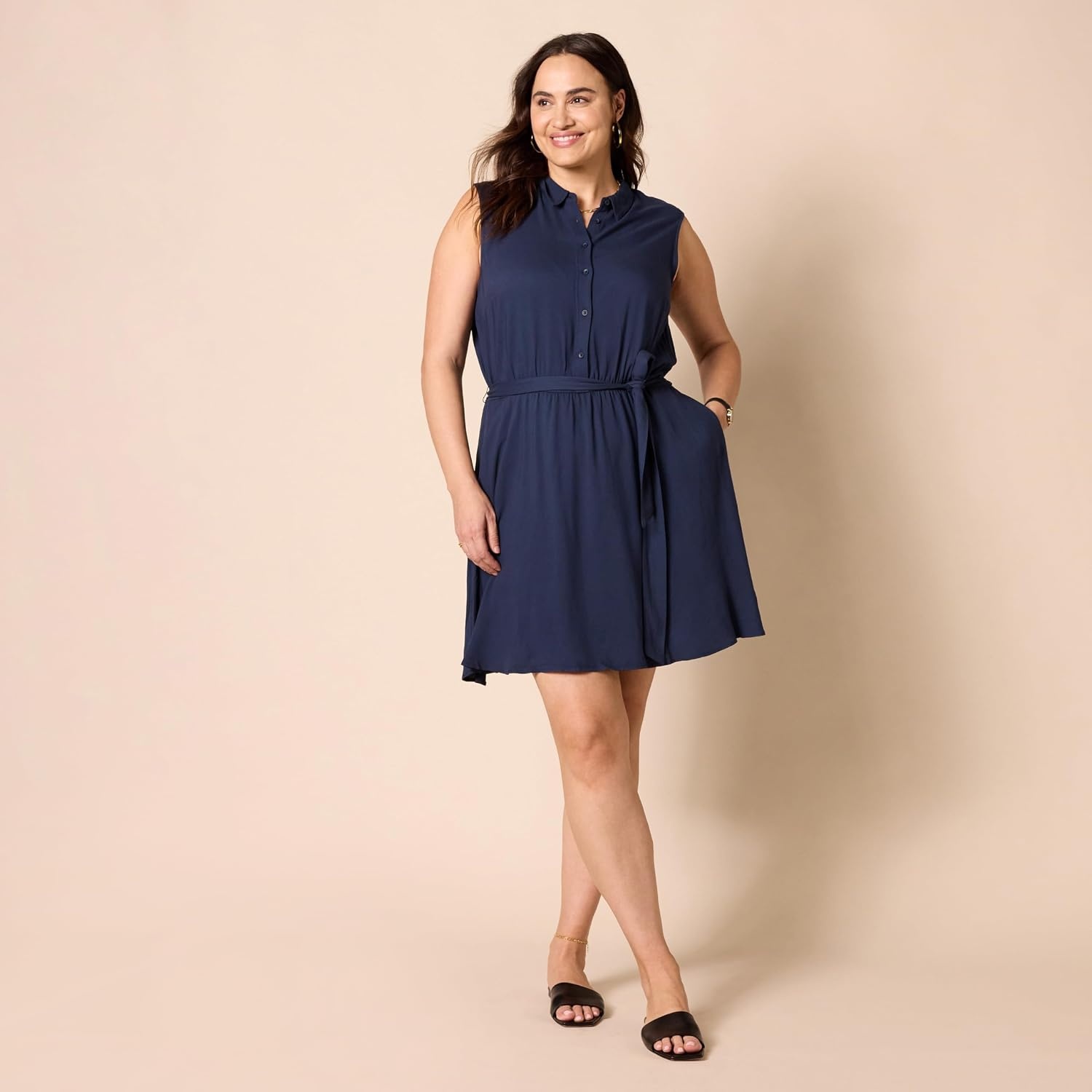 image:imageAmazon Essentials Womens Sleeveless Summer Shirtdress RelaxedFit Woven Lightweight Dress Knee LengthNavy