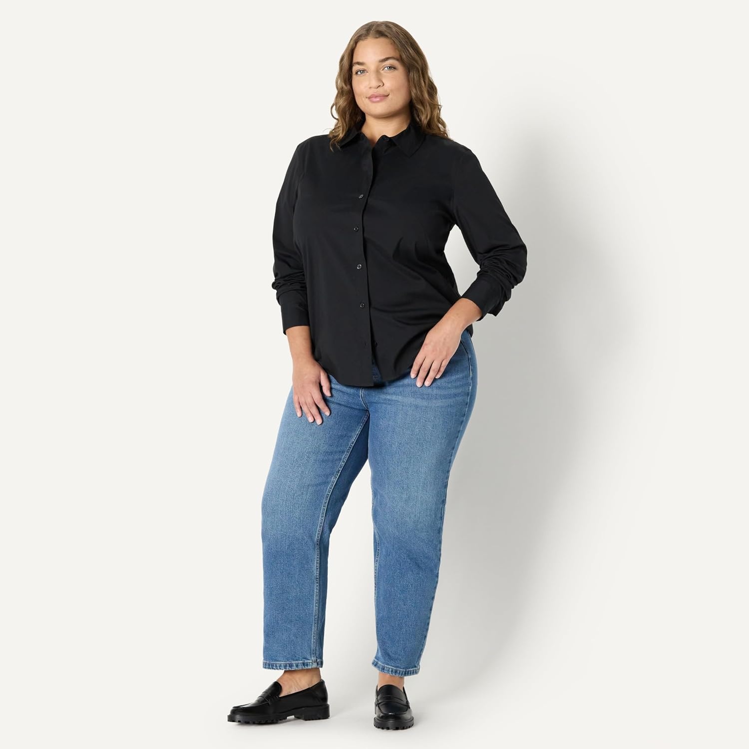 image:imageAmazon Essentials Womens Stretch Poplin ButtonUp Dress ShirtBlack