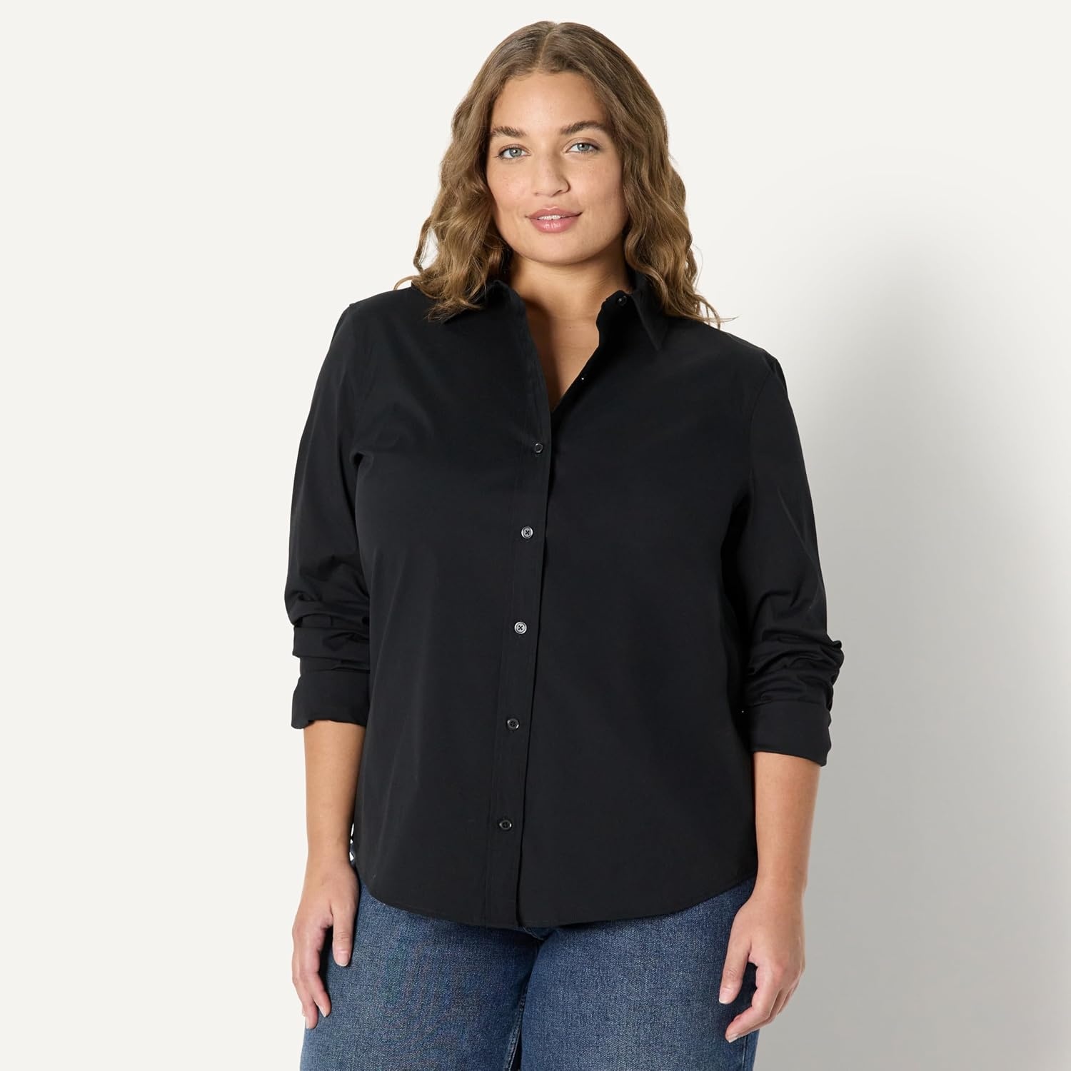 image:imageAmazon Essentials Womens Stretch Poplin ButtonUp Dress ShirtBlack