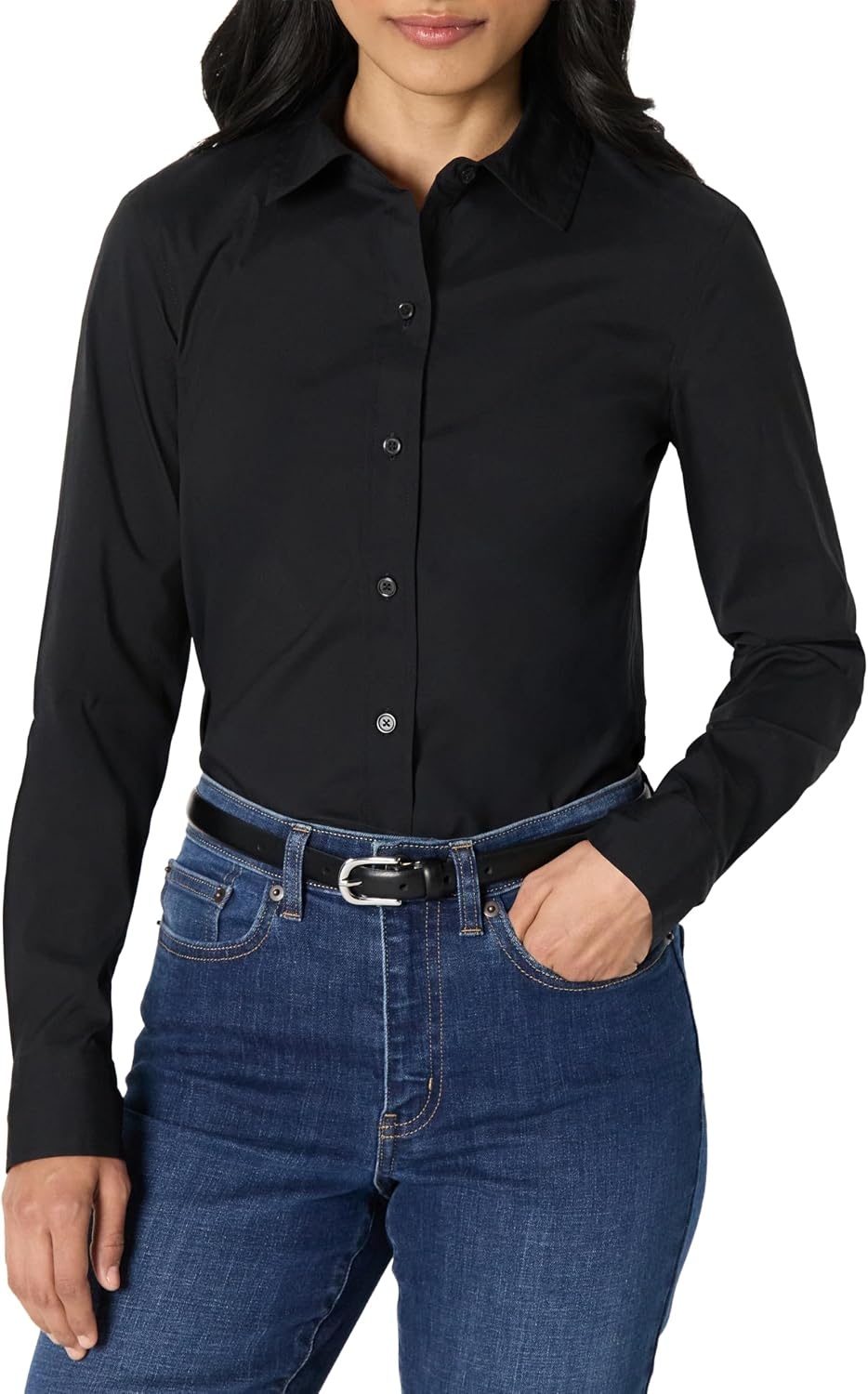 image:imageAmazon Essentials Womens Stretch Poplin ButtonUp Dress ShirtBlack