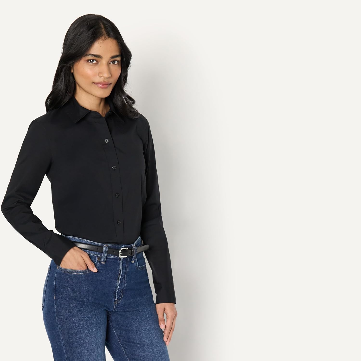 image:imageAmazon Essentials Womens Stretch Poplin ButtonUp Dress ShirtBlack