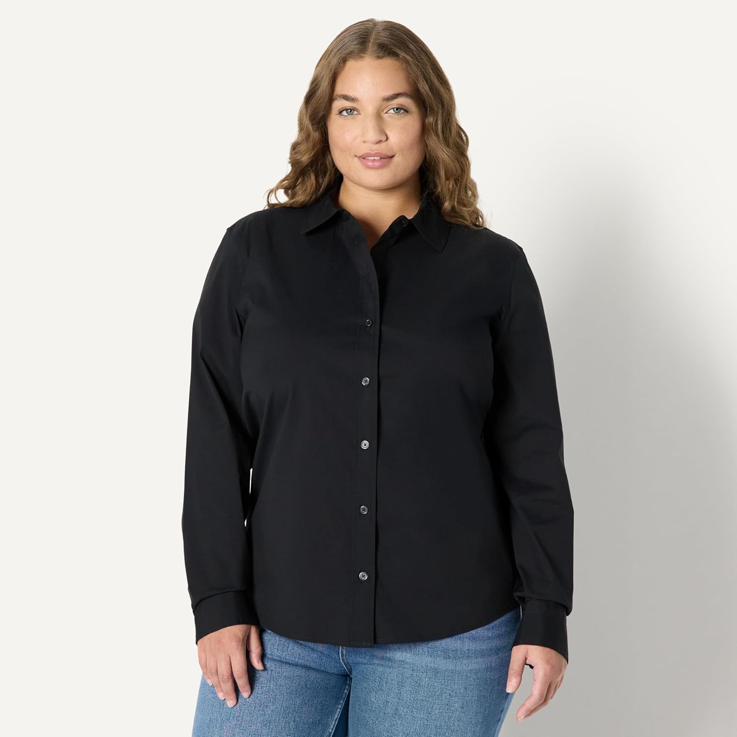 image:imageAmazon Essentials Womens Stretch Poplin ButtonUp Dress ShirtBlack