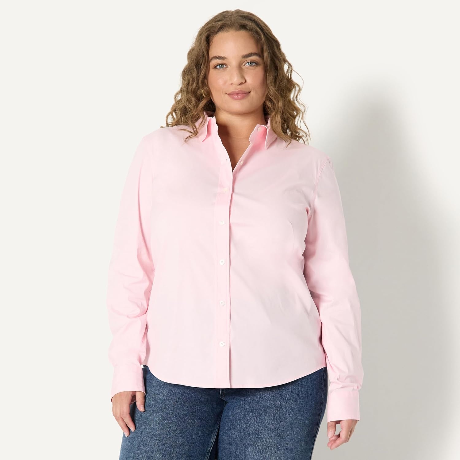 image:imageAmazon Essentials Womens Stretch Poplin ButtonUp Dress ShirtLight Pink