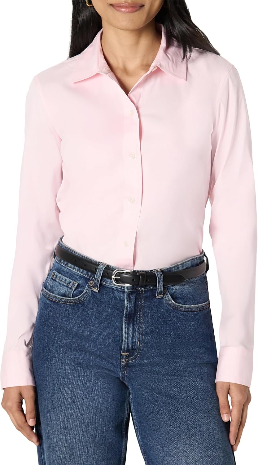 image:imageAmazon Essentials Womens Stretch Poplin ButtonUp Dress ShirtLight Pink
