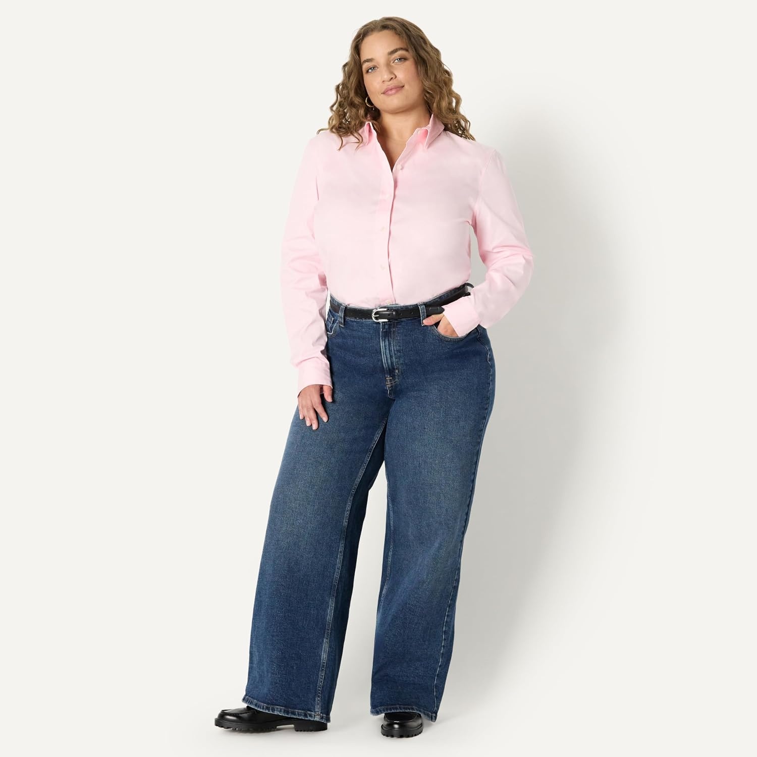 image:imageAmazon Essentials Womens Stretch Poplin ButtonUp Dress ShirtLight Pink