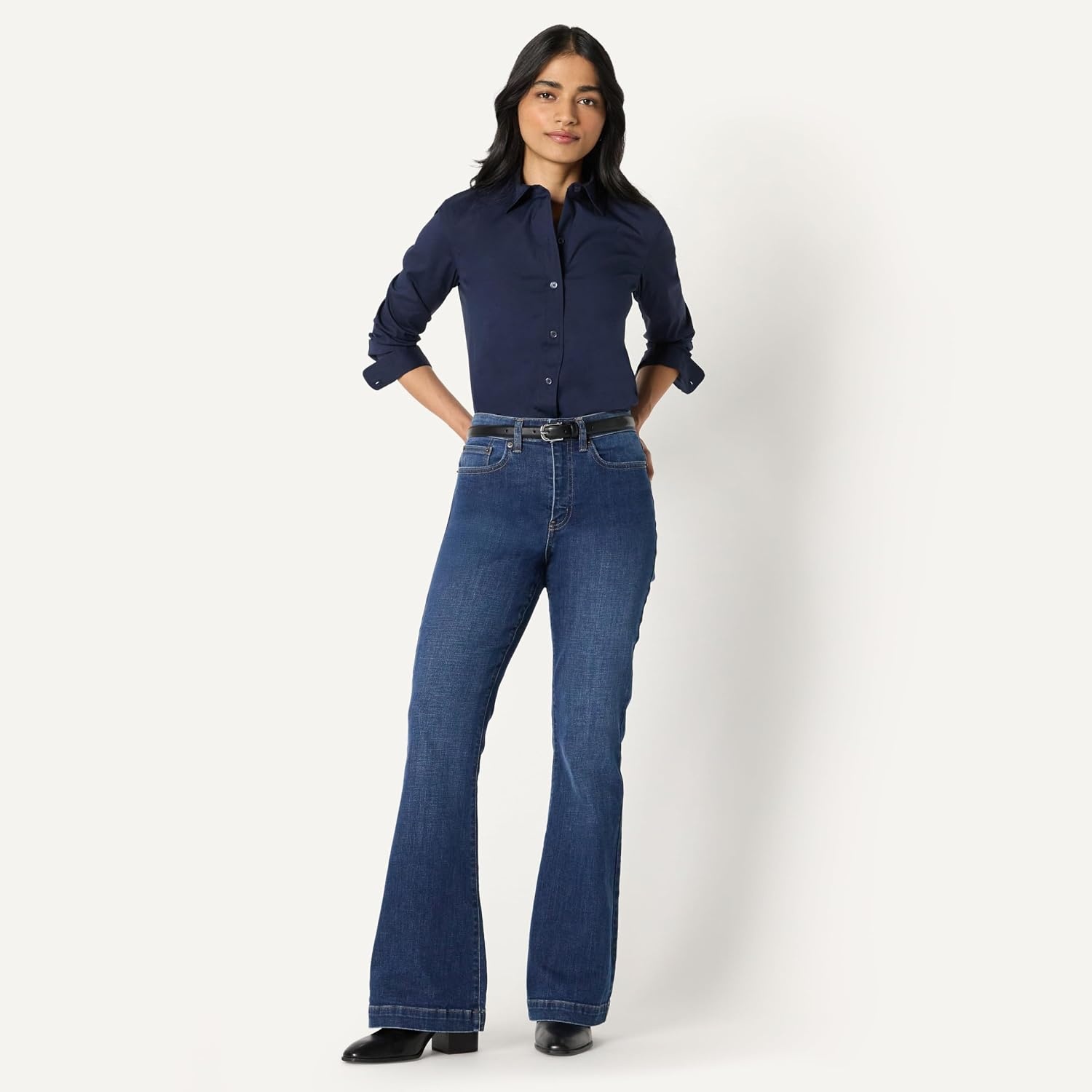 image:imageAmazon Essentials Womens Stretch Poplin ButtonUp Dress ShirtNavy