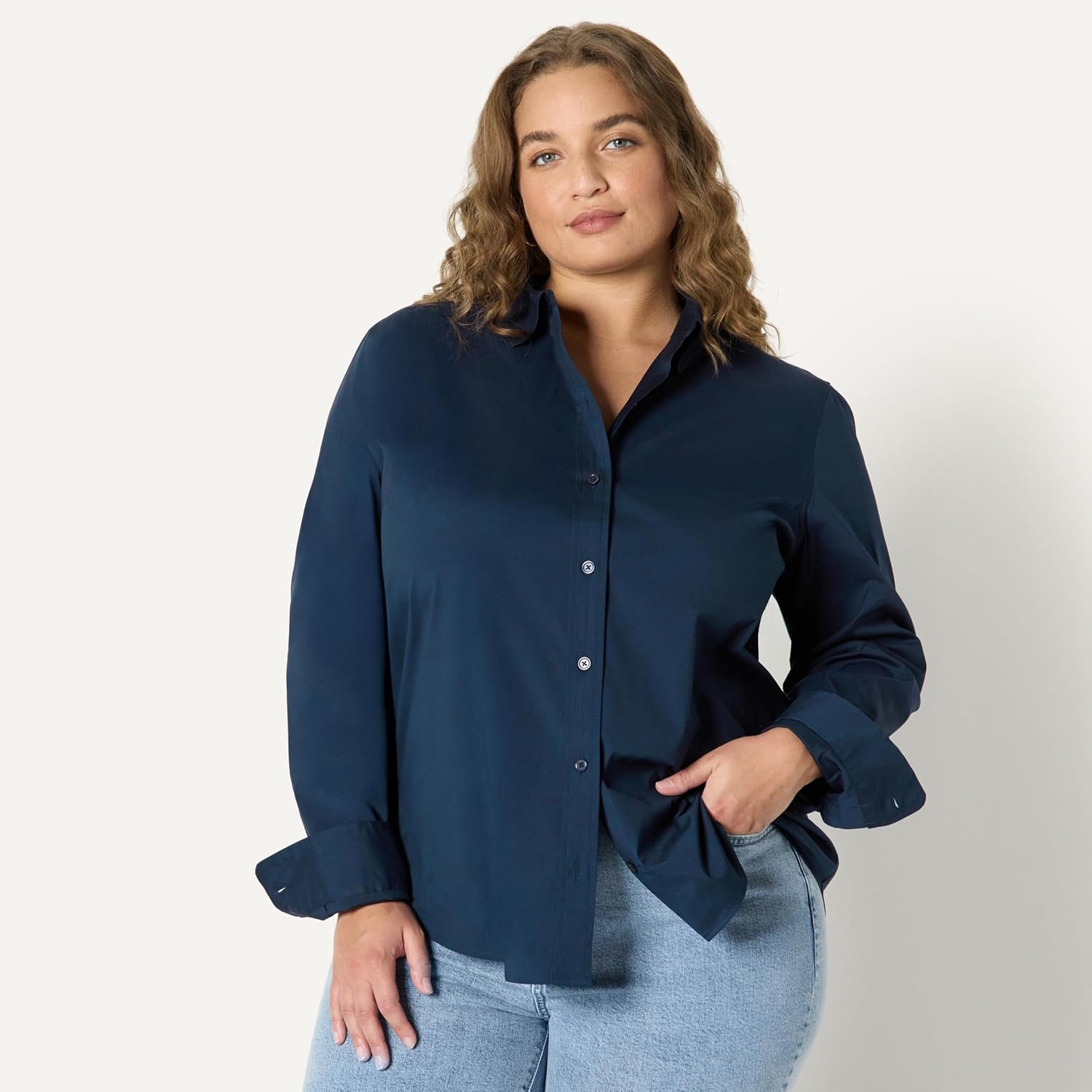 image:imageAmazon Essentials Womens Stretch Poplin ButtonUp Dress ShirtNavy