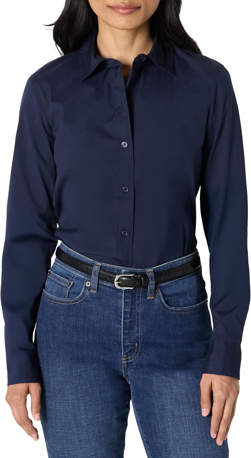 image:imageAmazon Essentials Womens Stretch Poplin ButtonUp Dress ShirtNavy