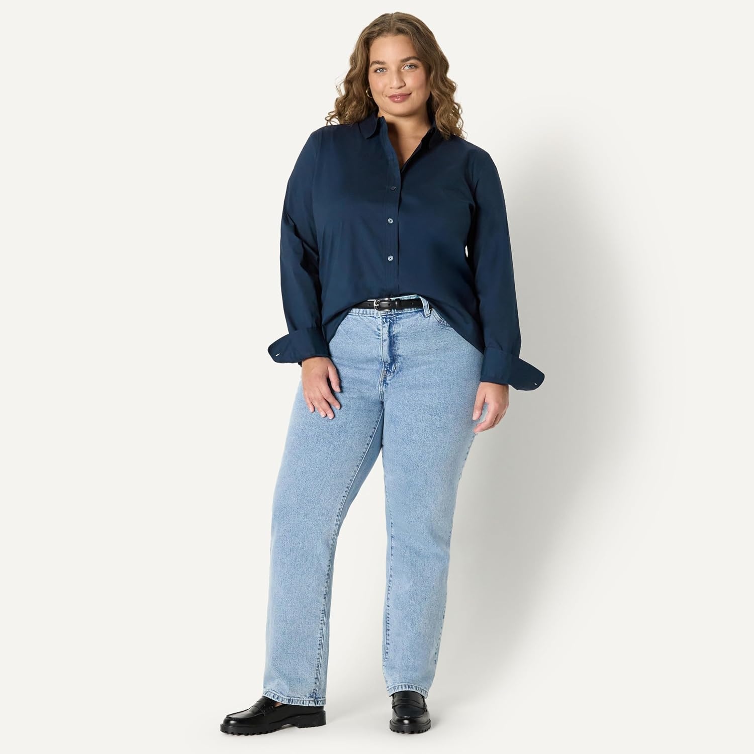 image:imageAmazon Essentials Womens Stretch Poplin ButtonUp Dress ShirtNavy